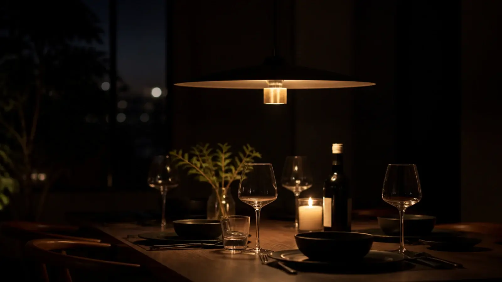 dining pendant dimmed low over a laid table at night