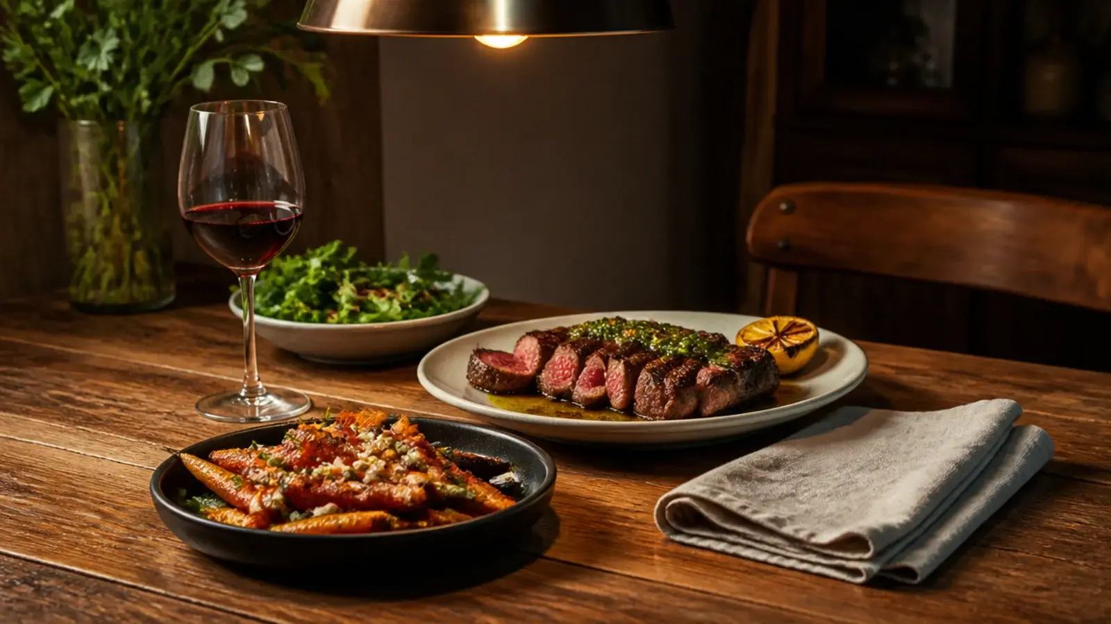 food and wine on a table lit with accurate warm light