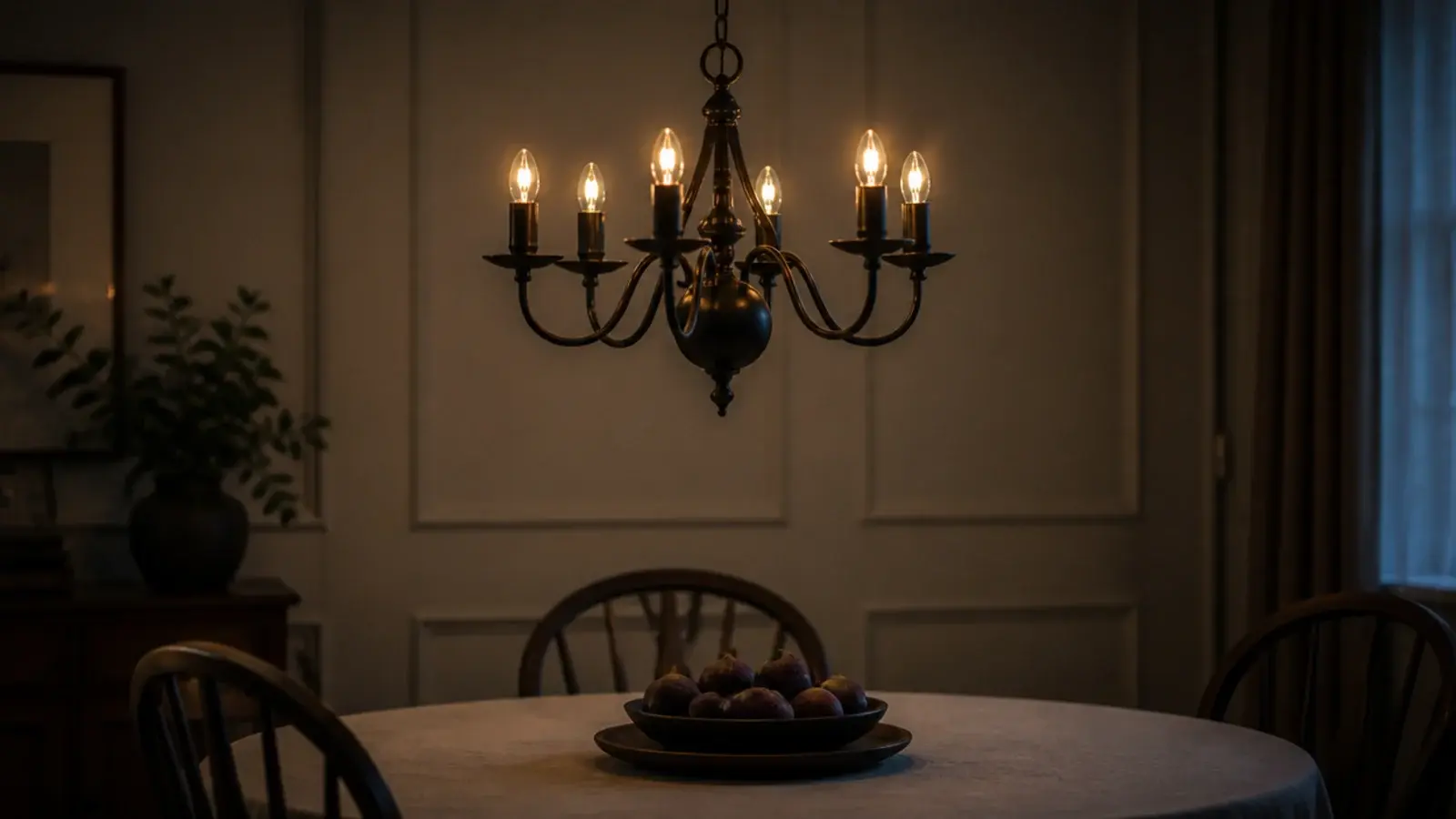 small chandelier with several low output candle bulbs lit