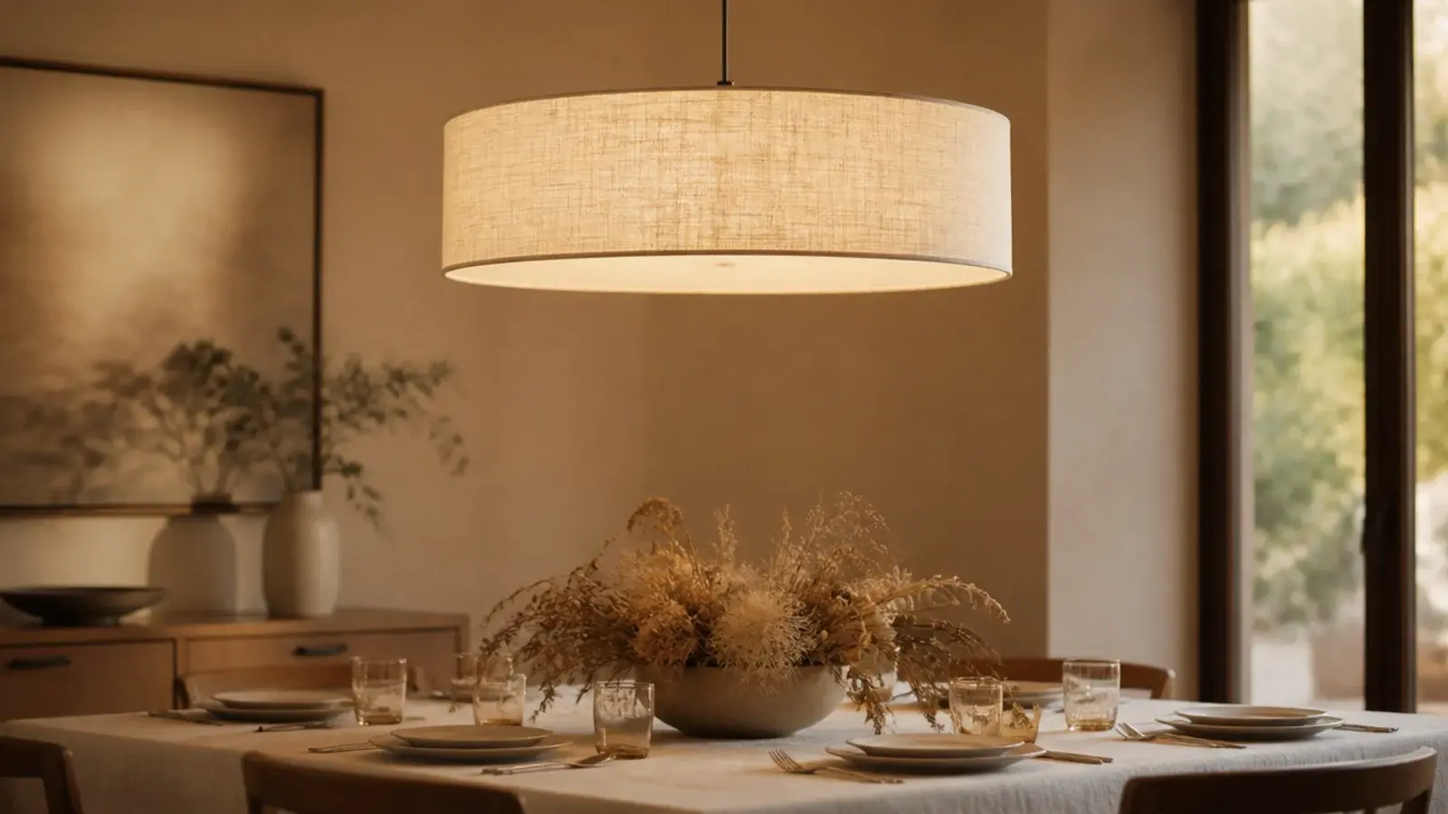 fabric drum shade spreading soft light across a dining table