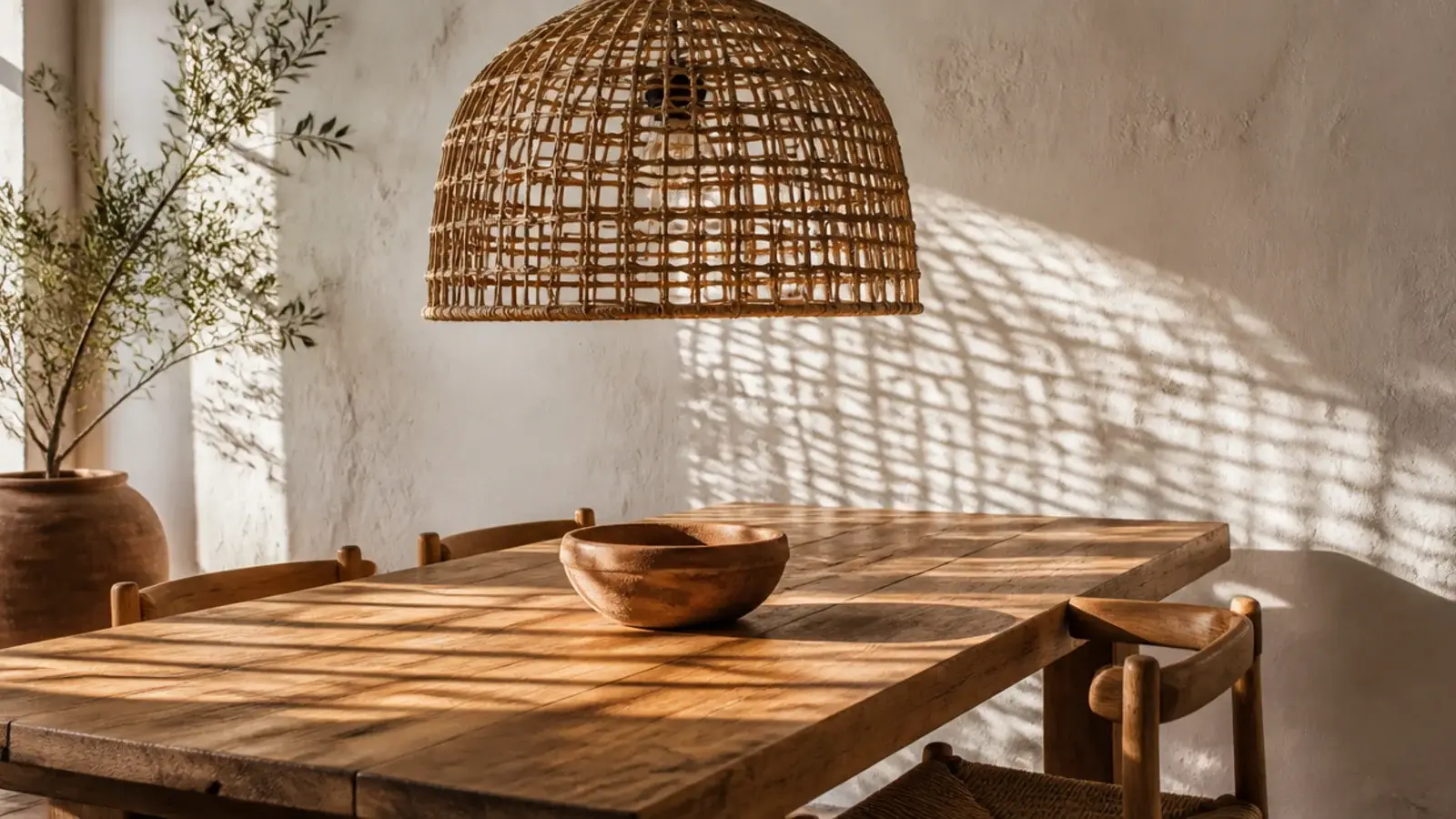 woven rattan shade hanging above a solid timber dining table