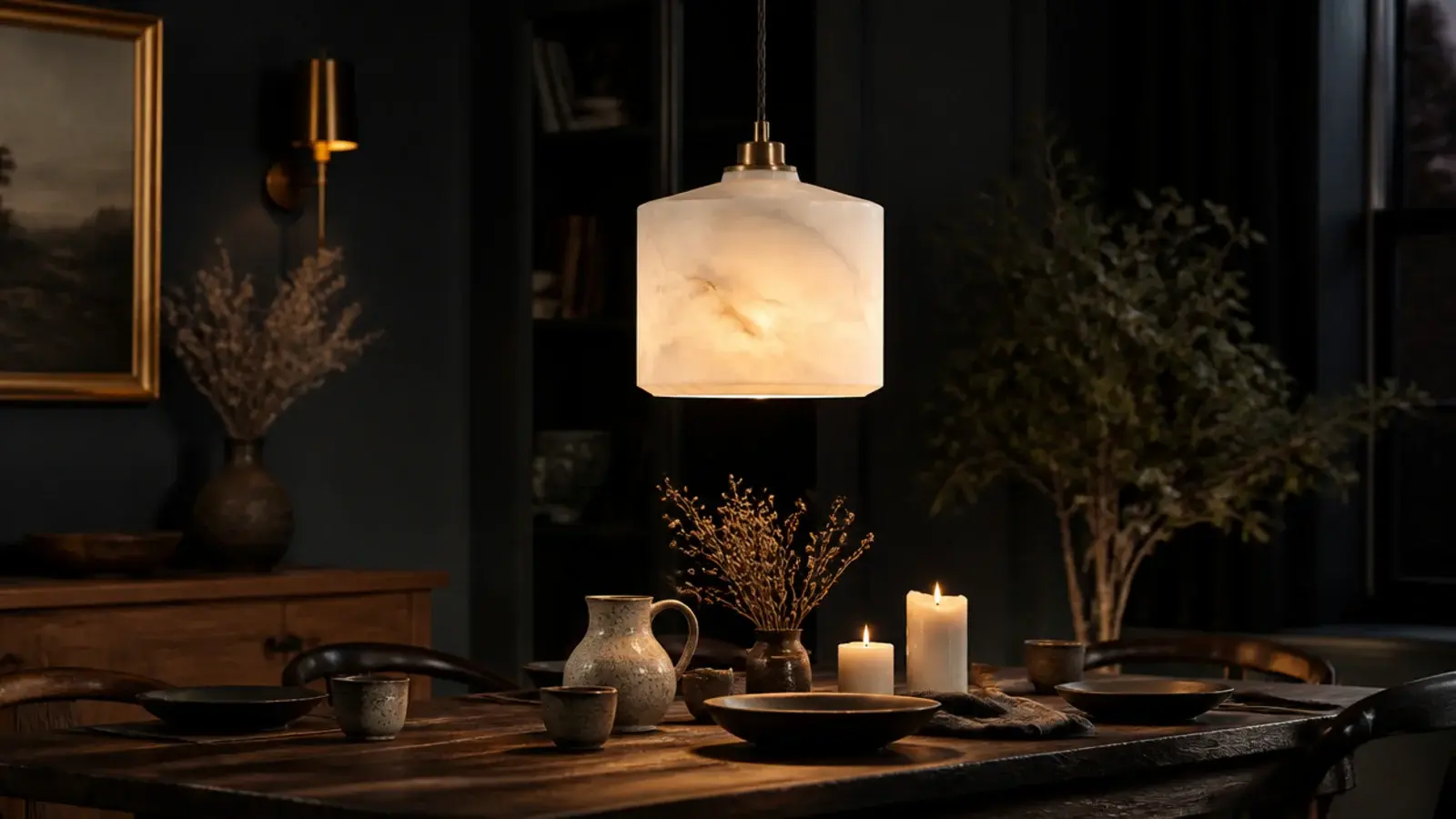 alabaster shade glowing softly above an evening dining table
