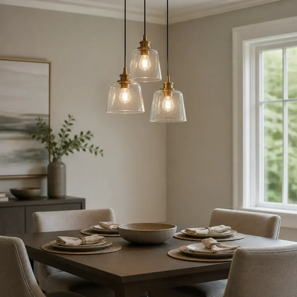 cluster of three shades filling the space above a square table