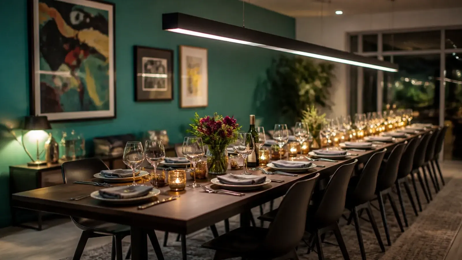 extending dining table opened out beneath a long fixture