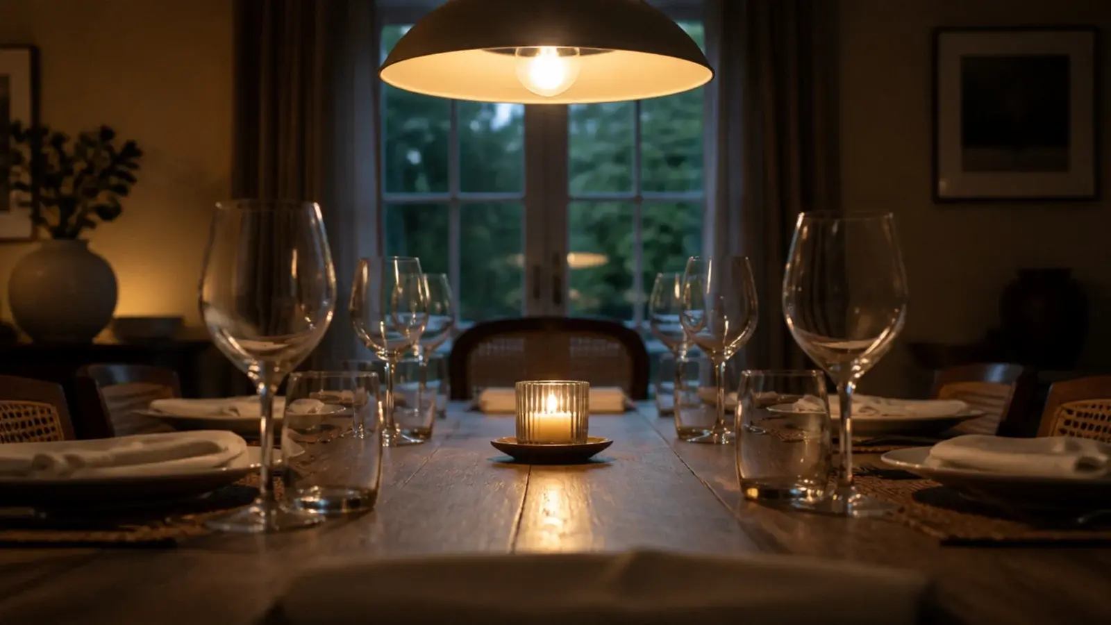 clear view across a dining table beneath a high enough shade