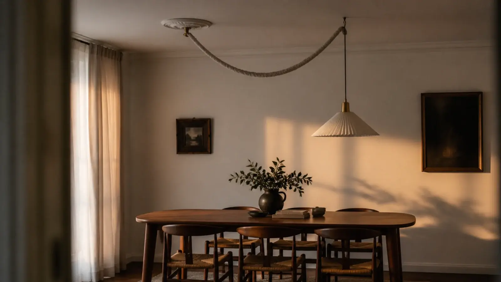 cord swagged from a ceiling rose across to sit over a table