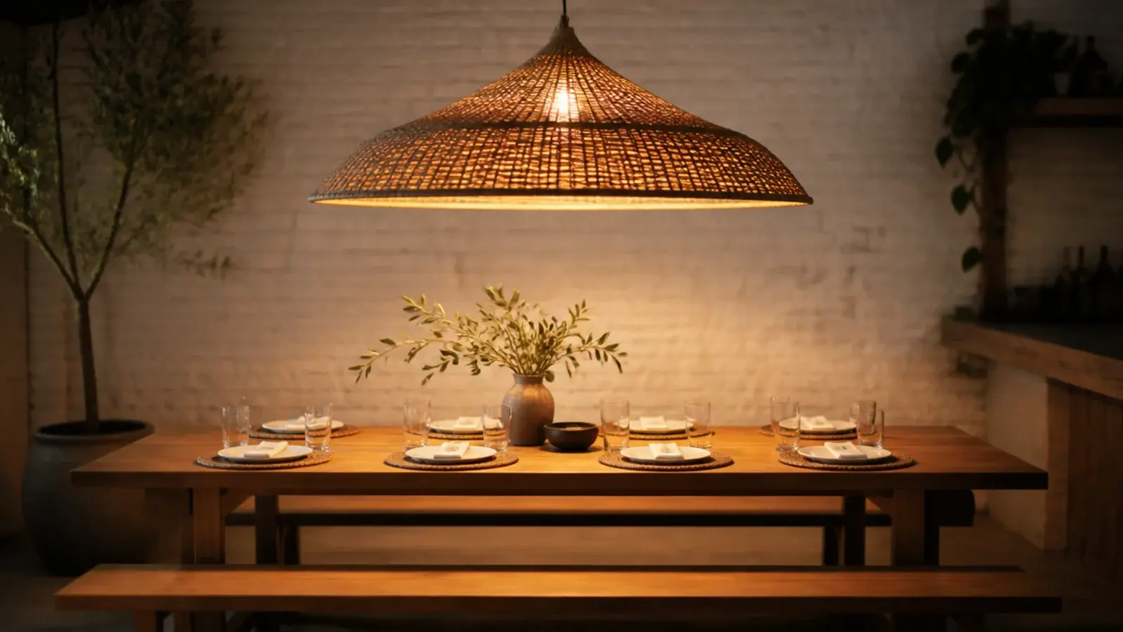 wide shade lighting a table with benches on both sides
