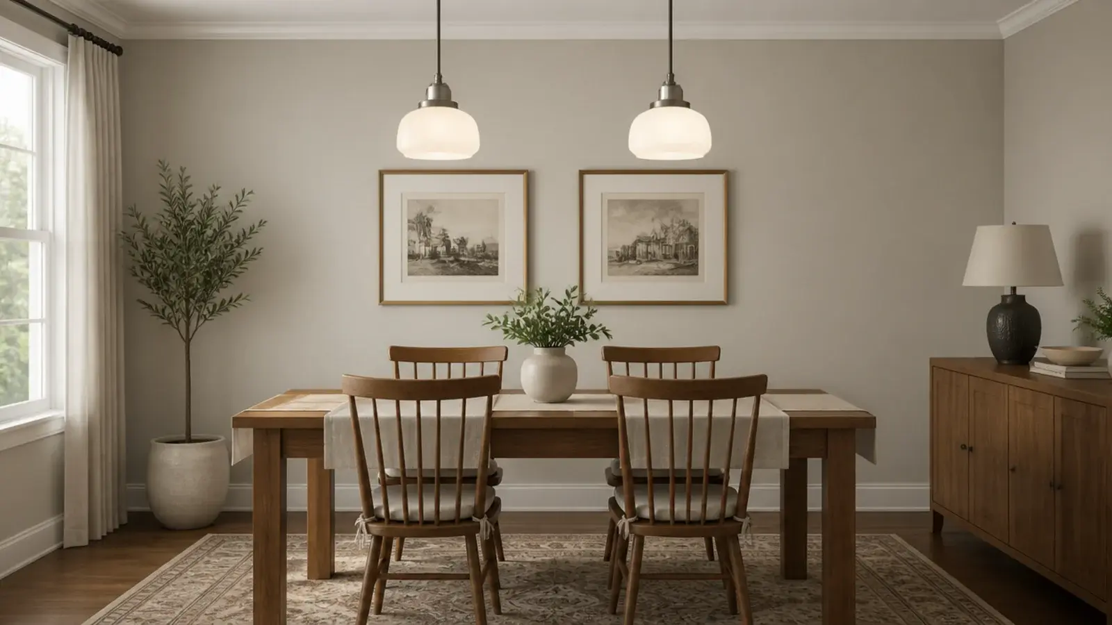 two modest shades sharing the length of a dining table