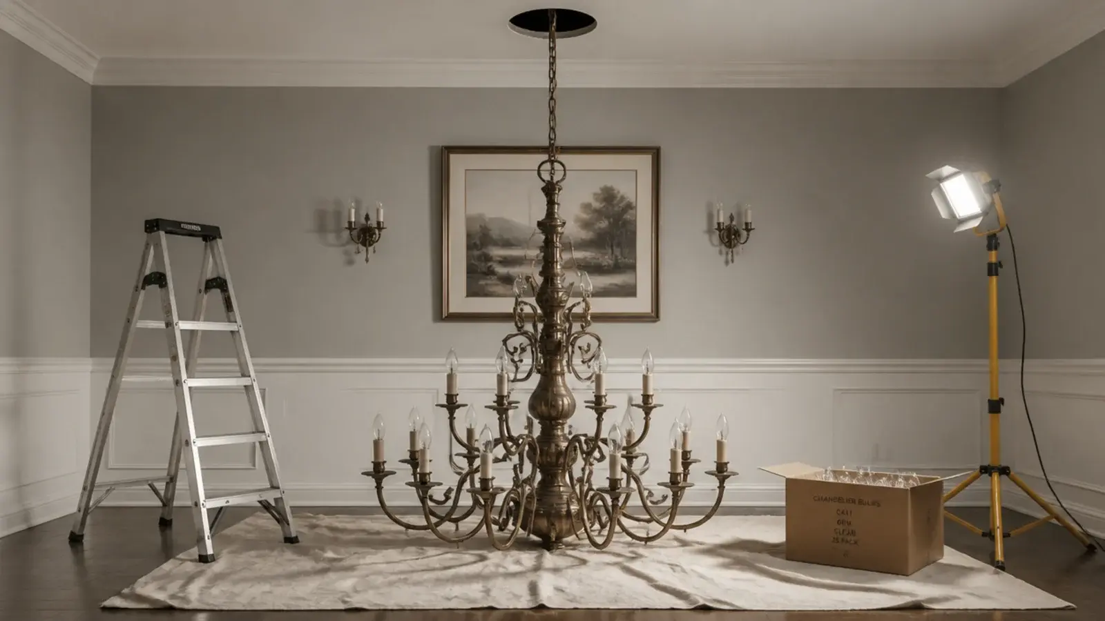 heavy chandelier arm resting on a dust sheet before hanging
