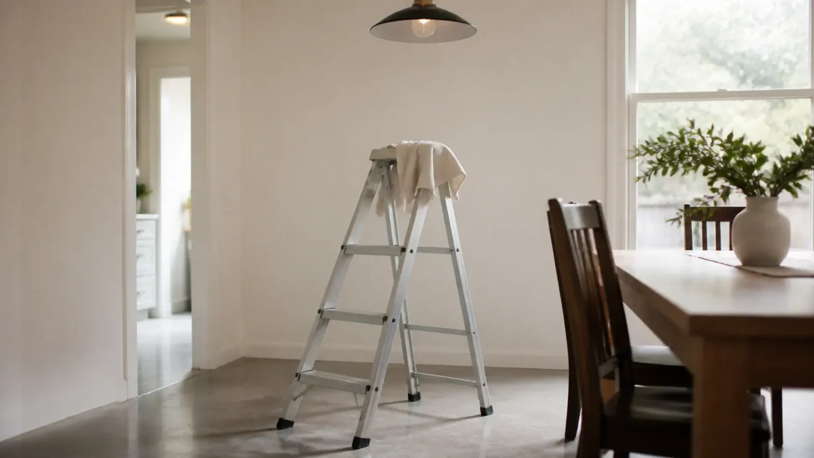 step ladder set beside a dining table to reach a fixture