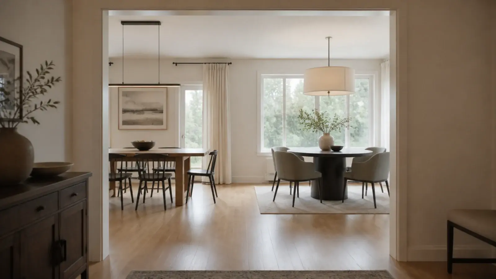 long fixture above a long table and round shade above round