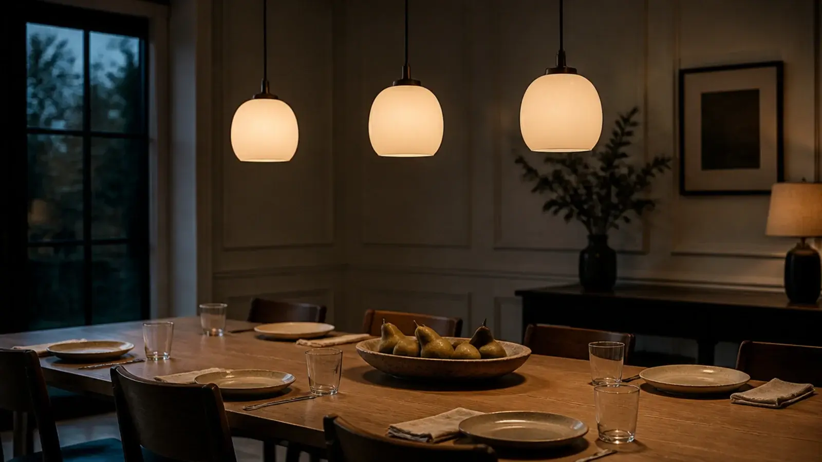 three dining table hanging lights glowing above a long oak table