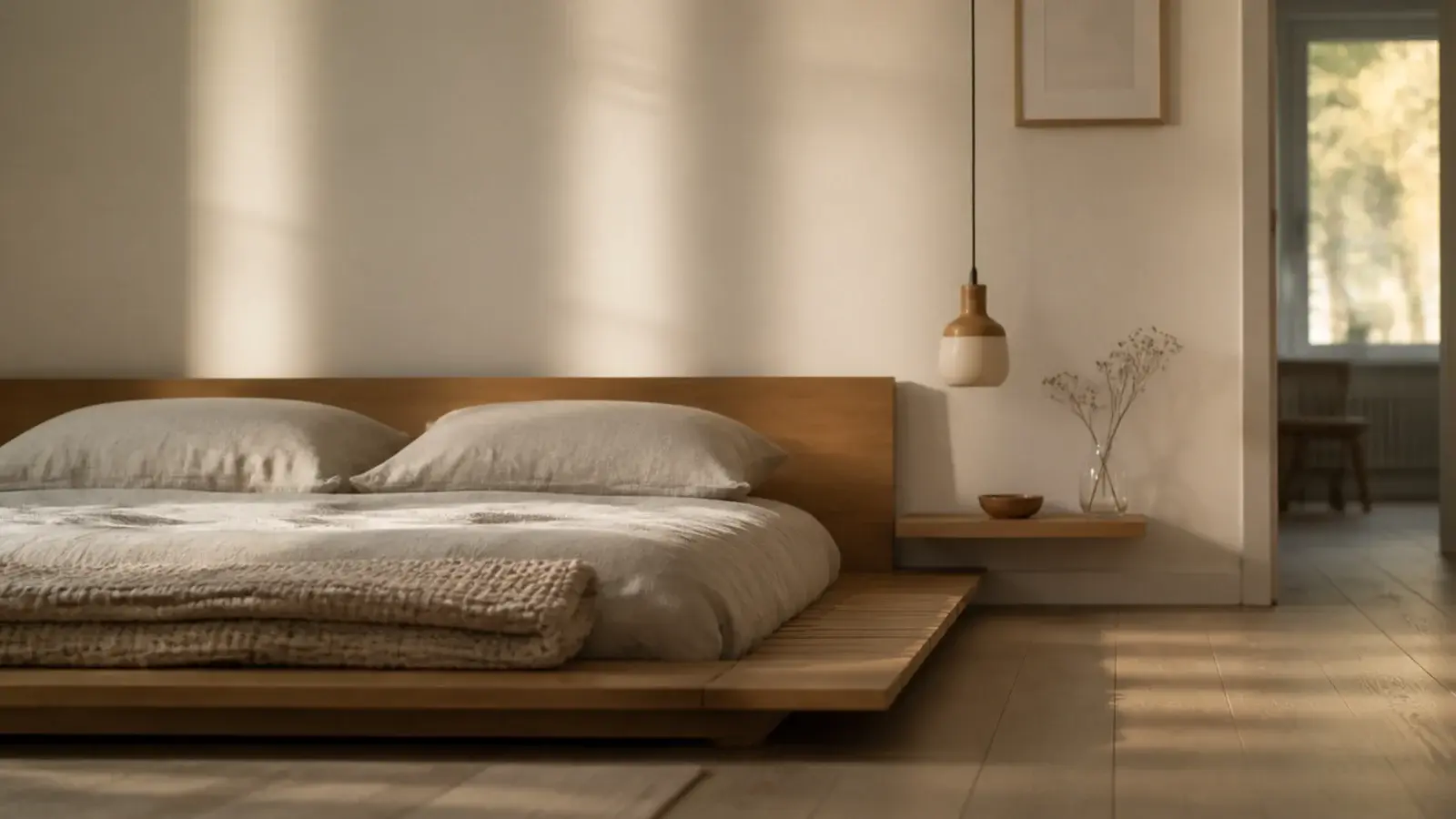 low platform bed with a pendant hung to suit its lower mattress