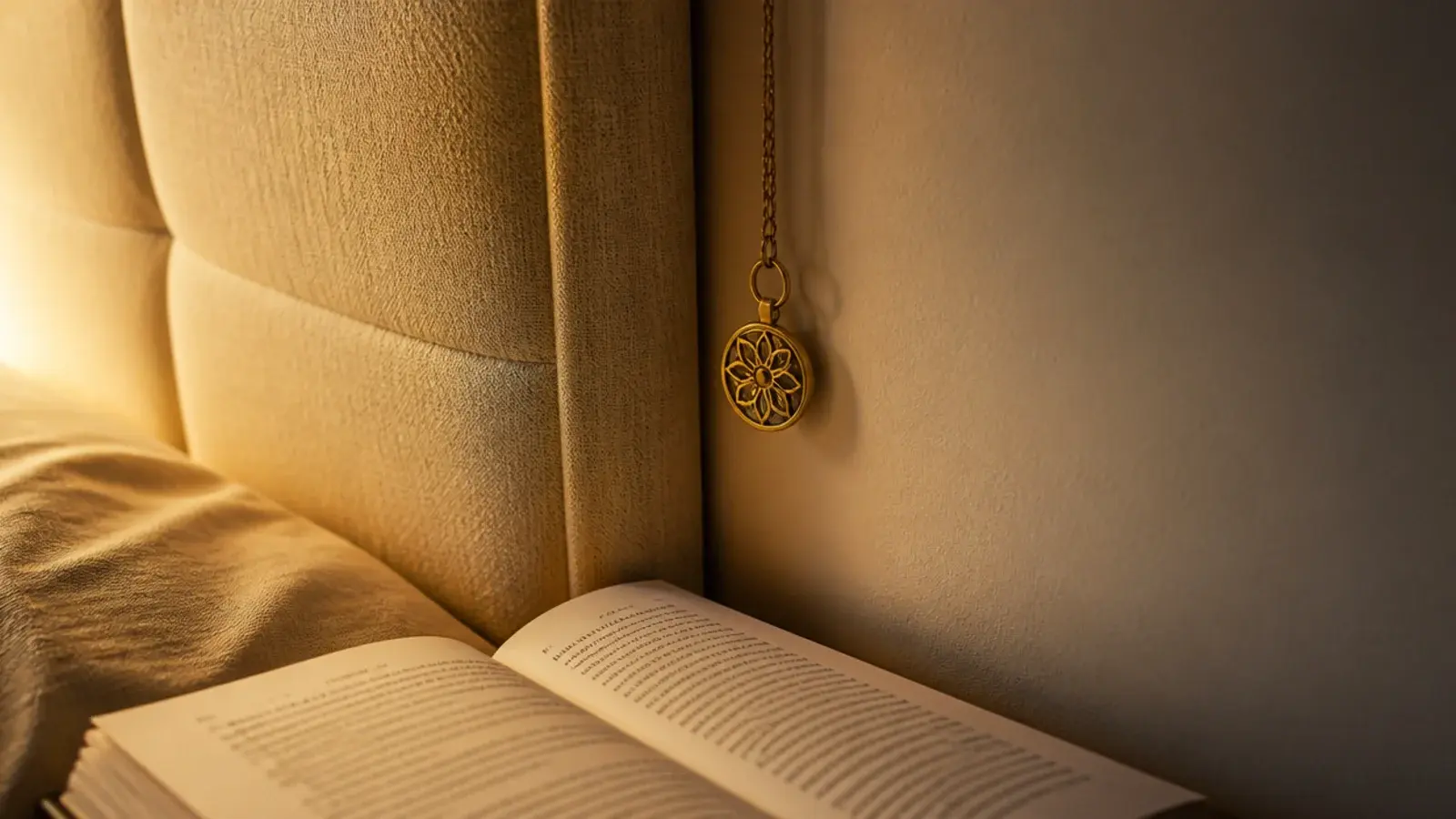 pendant hanging clear of an upholstered headboard and the wall