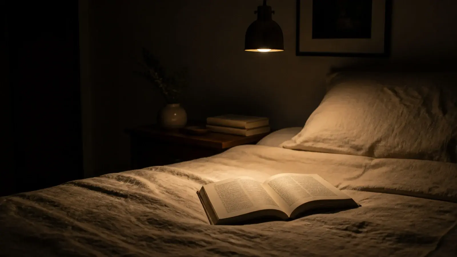 open paperback lit evenly by a small warm bedside pendant