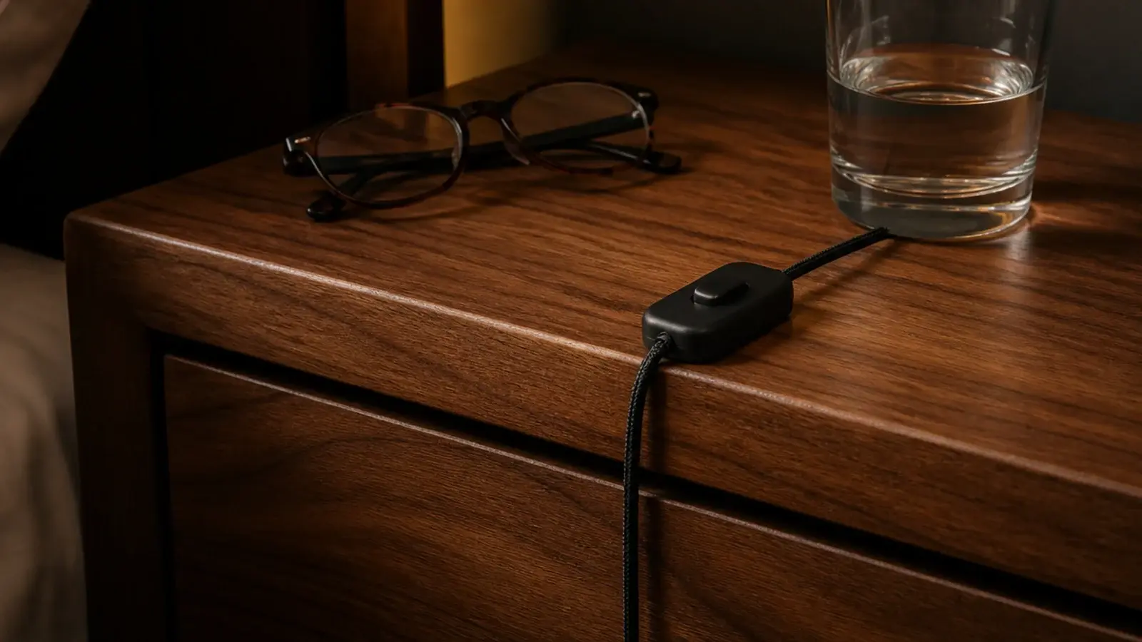 small inline switch resting on a nightstand within easy reach