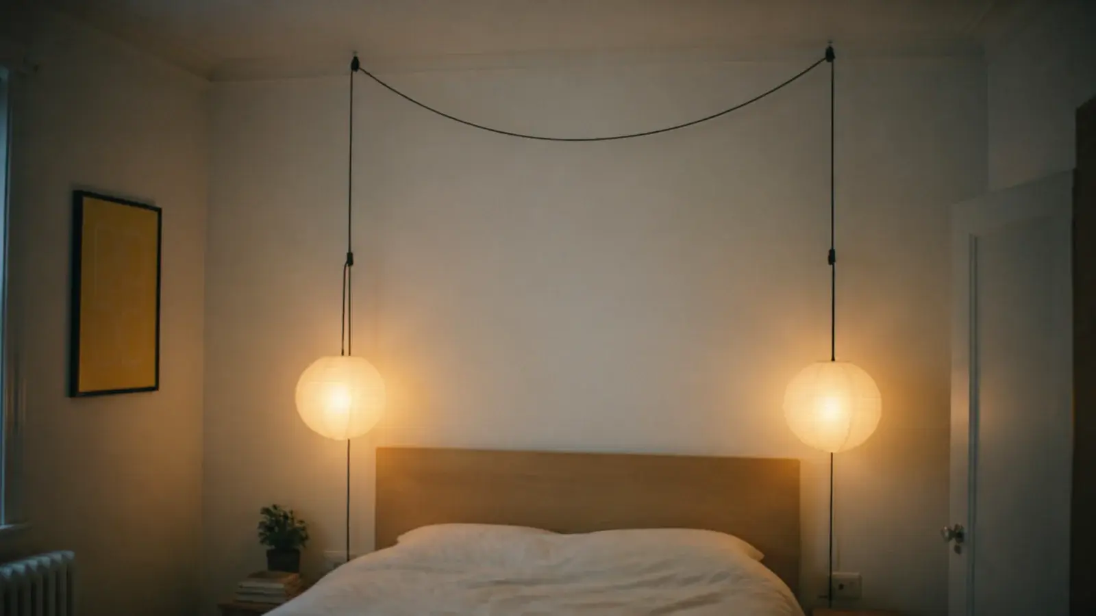 two swag cords hooked across a rented bedroom ceiling line