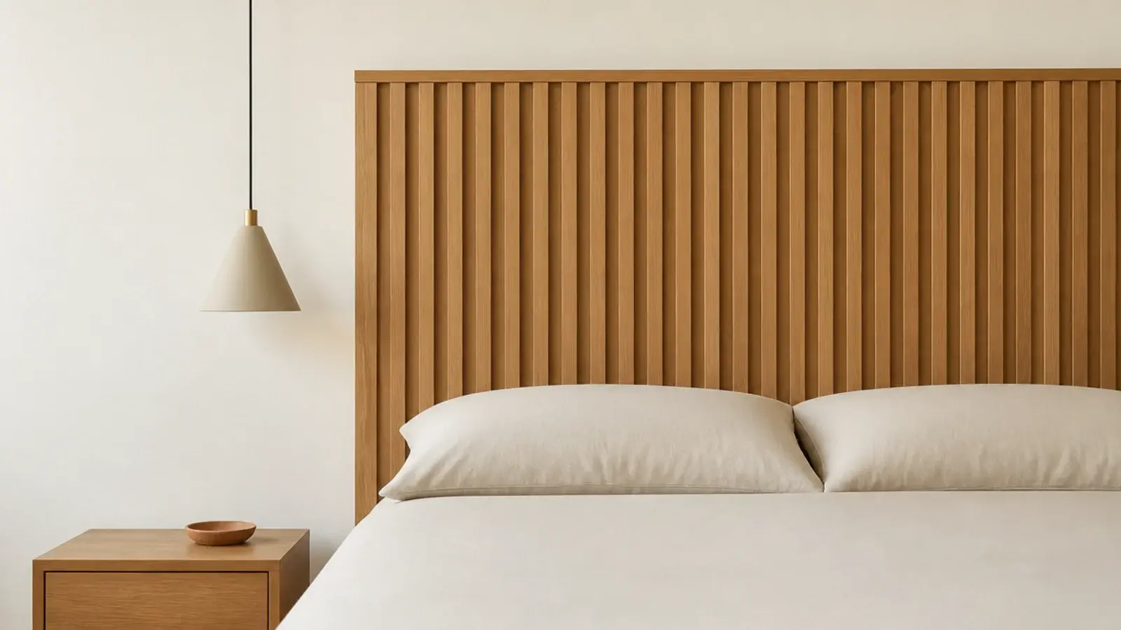 pendant cord disappearing neatly behind a tall timber headboard