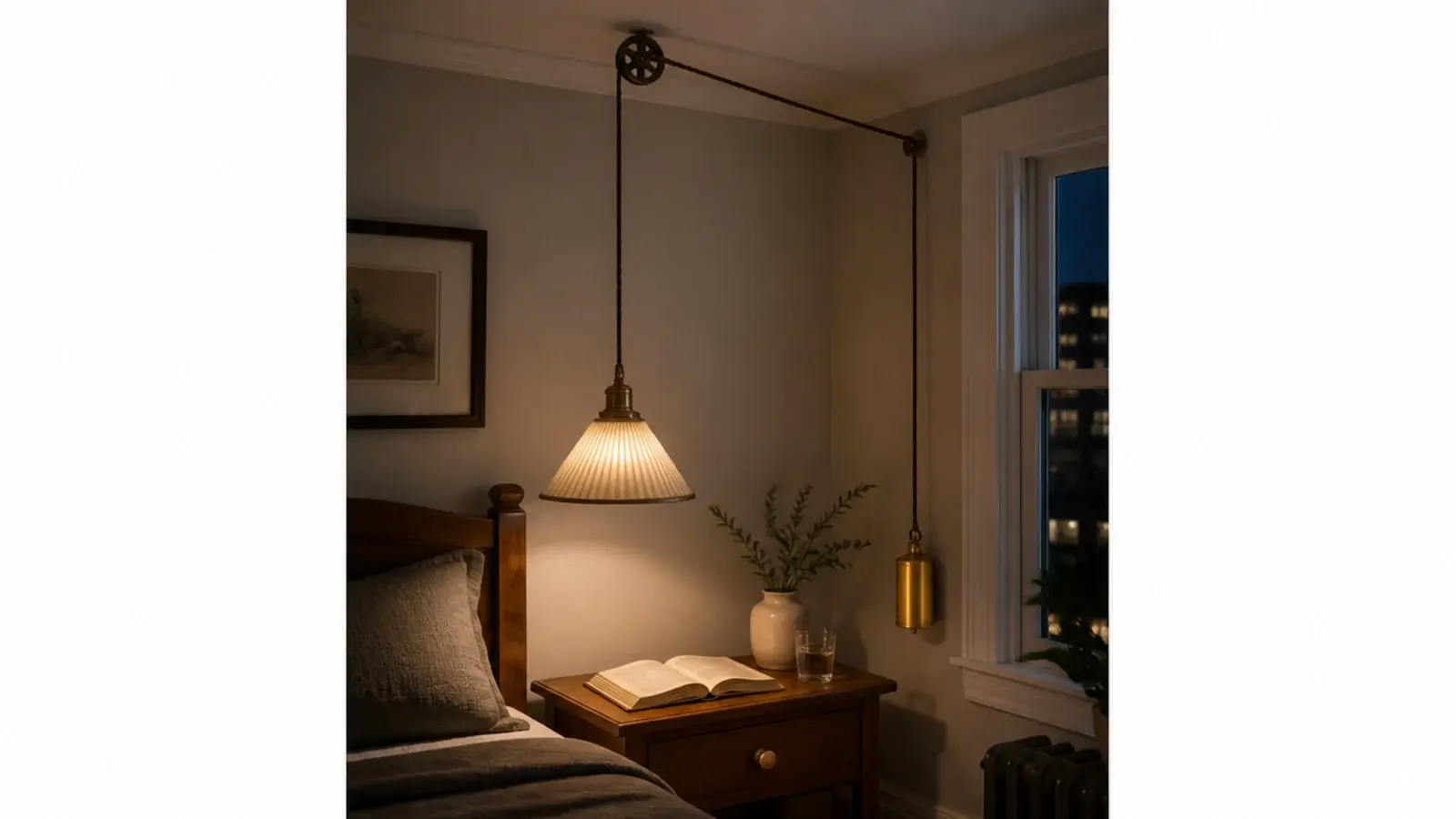 counterweighted rise and fall pendant pulled down beside a bed