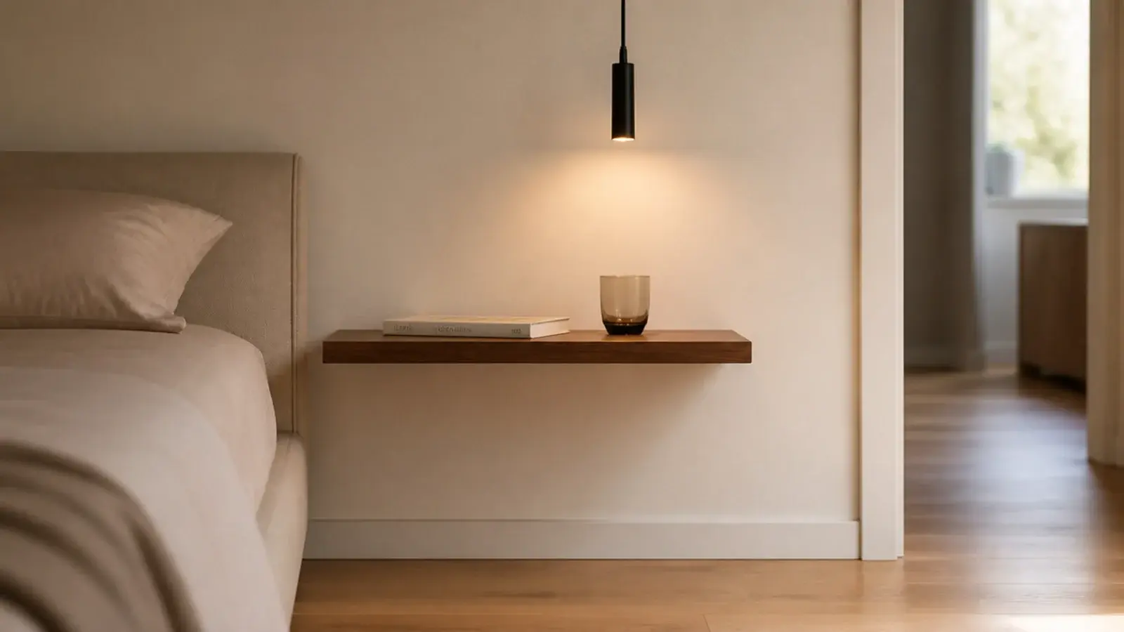 slim floating shelf lit by a pendant where a table once stood