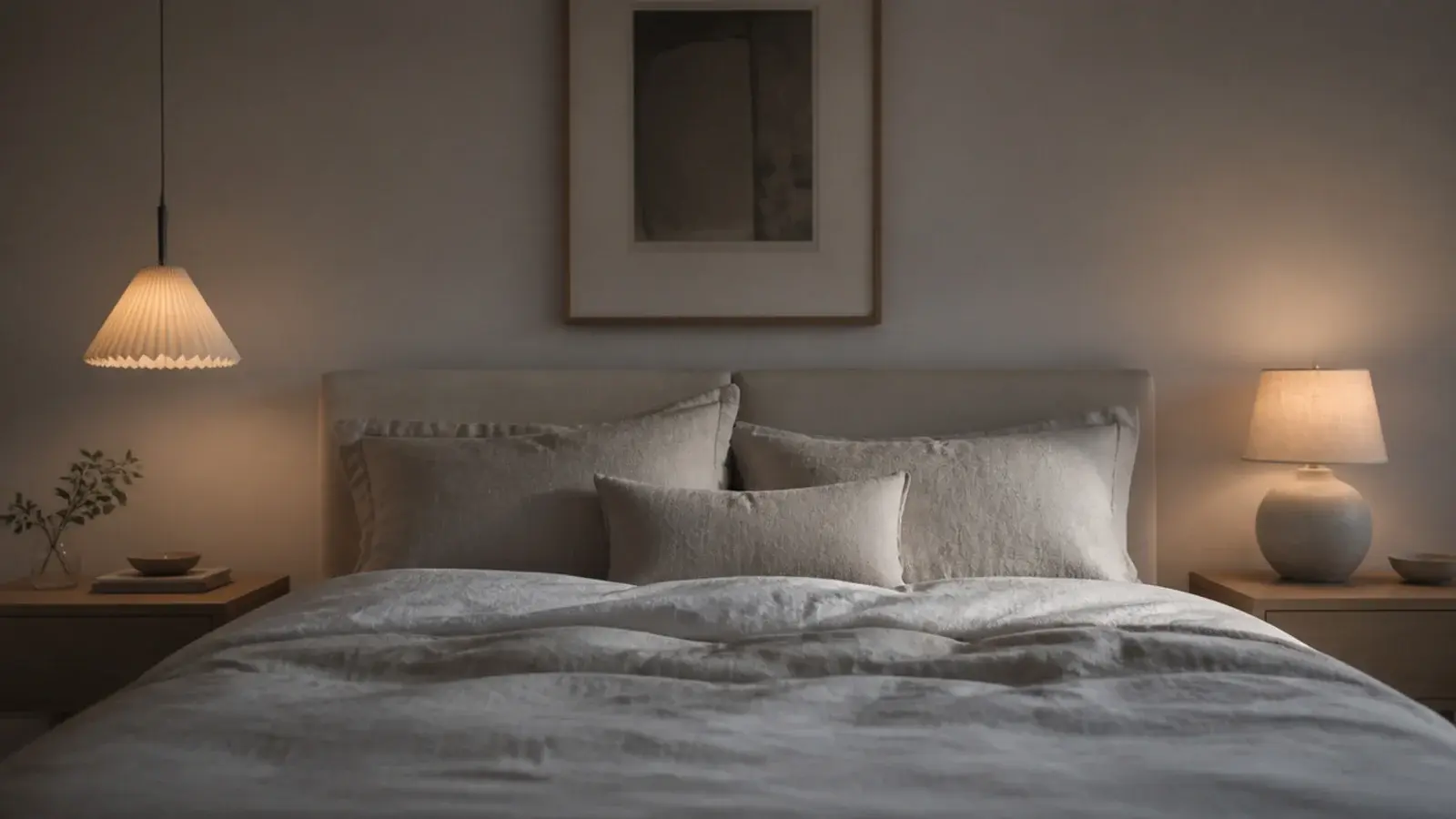 pendant on one side of a bed and a table lamp opposite