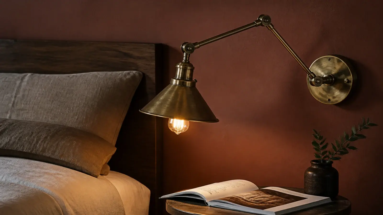 brass swing arm light reaching over a bed from the wall