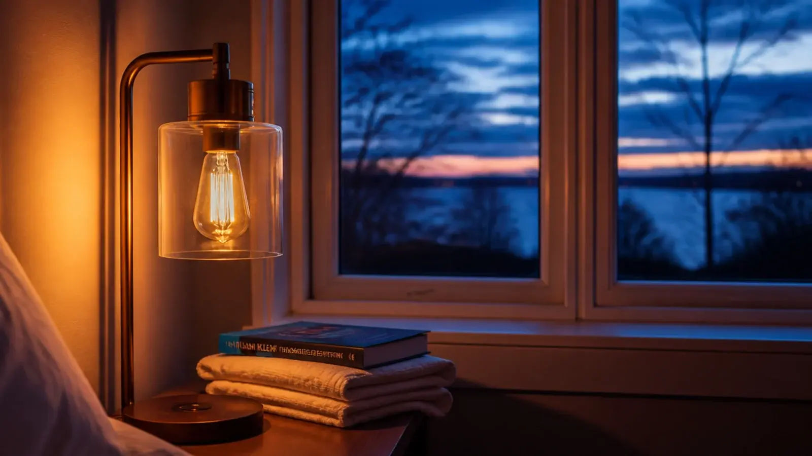 warm amber bedside bulb glowing against cool blue window light