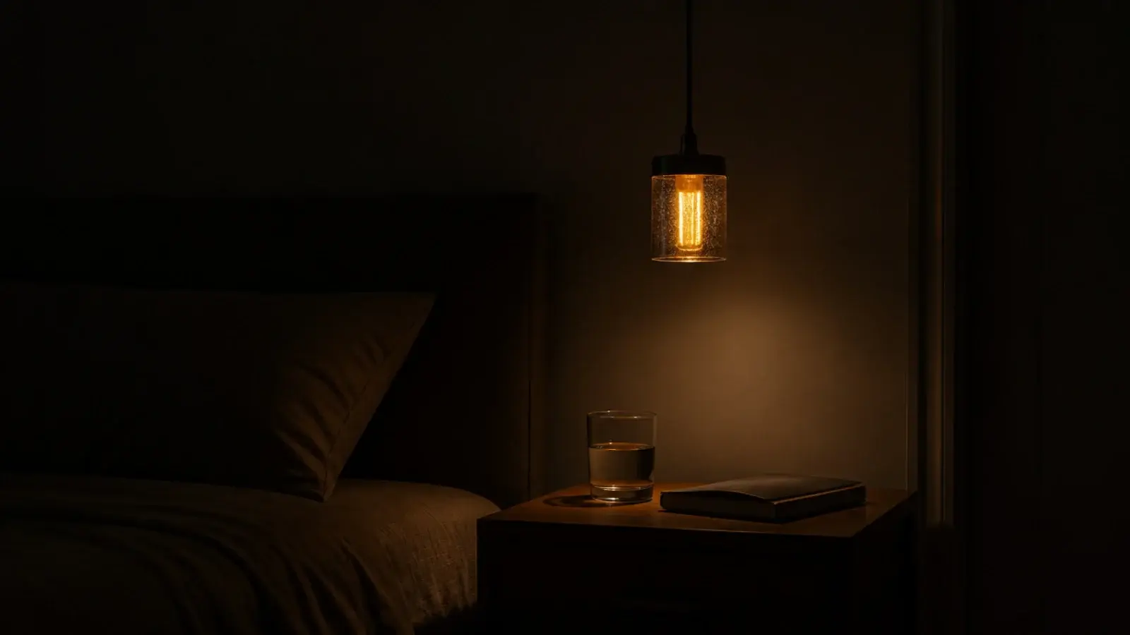 bedside pendant dimmed to a very low amber level at night