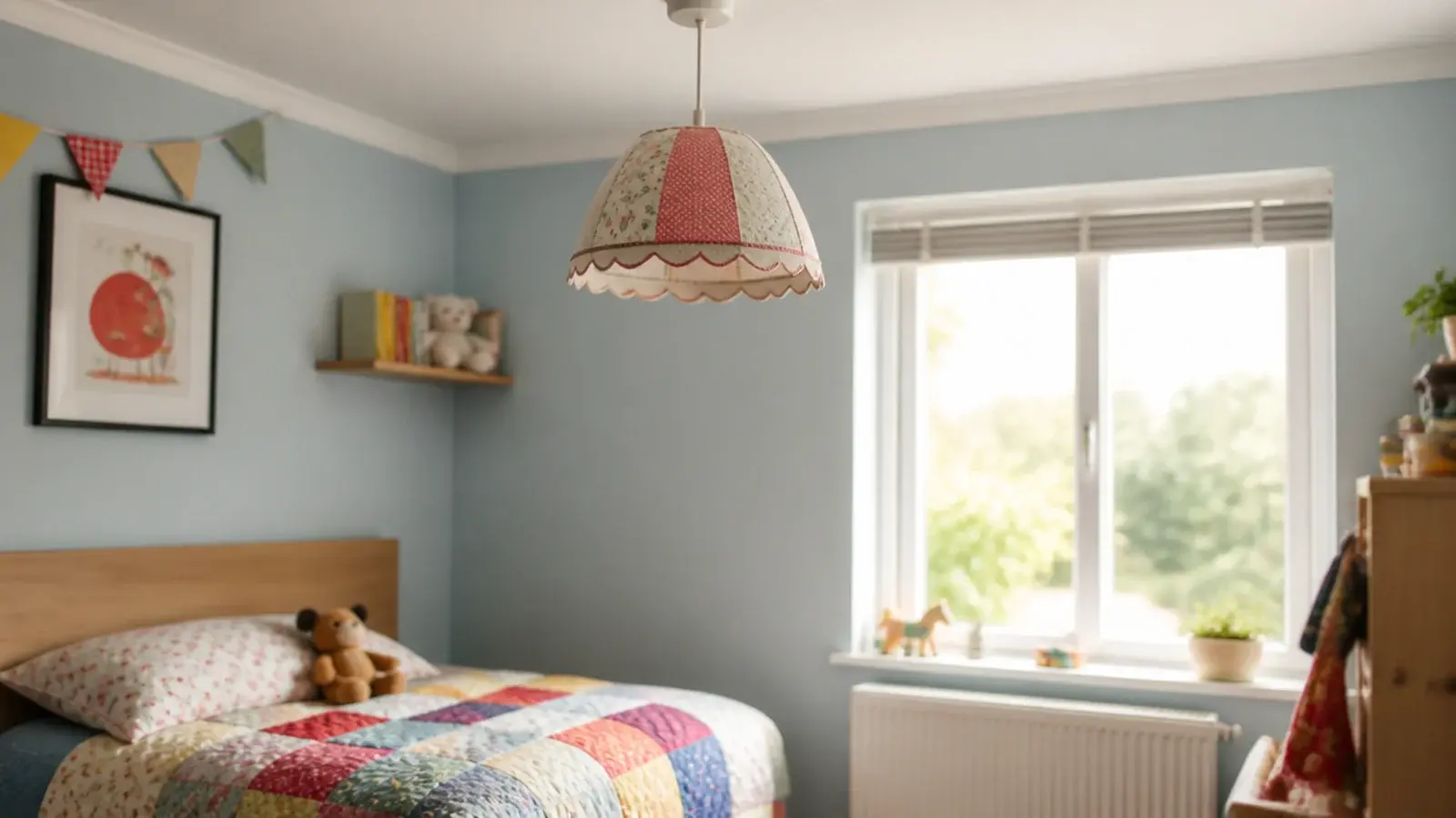 child bedroom pendant with its cord clipped high and short