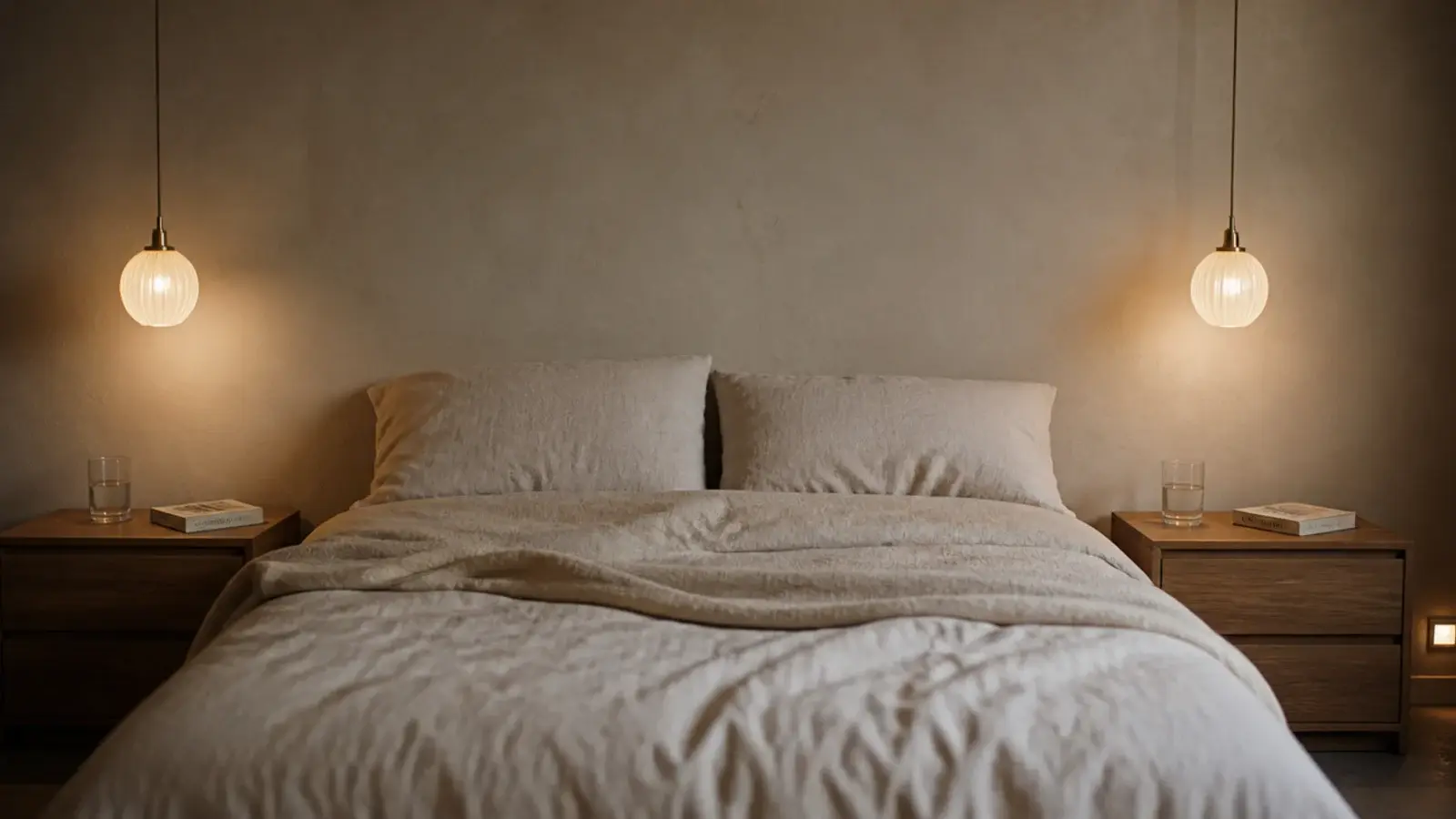 two hanging bedside lights glowing above cleared walnut nightstands
