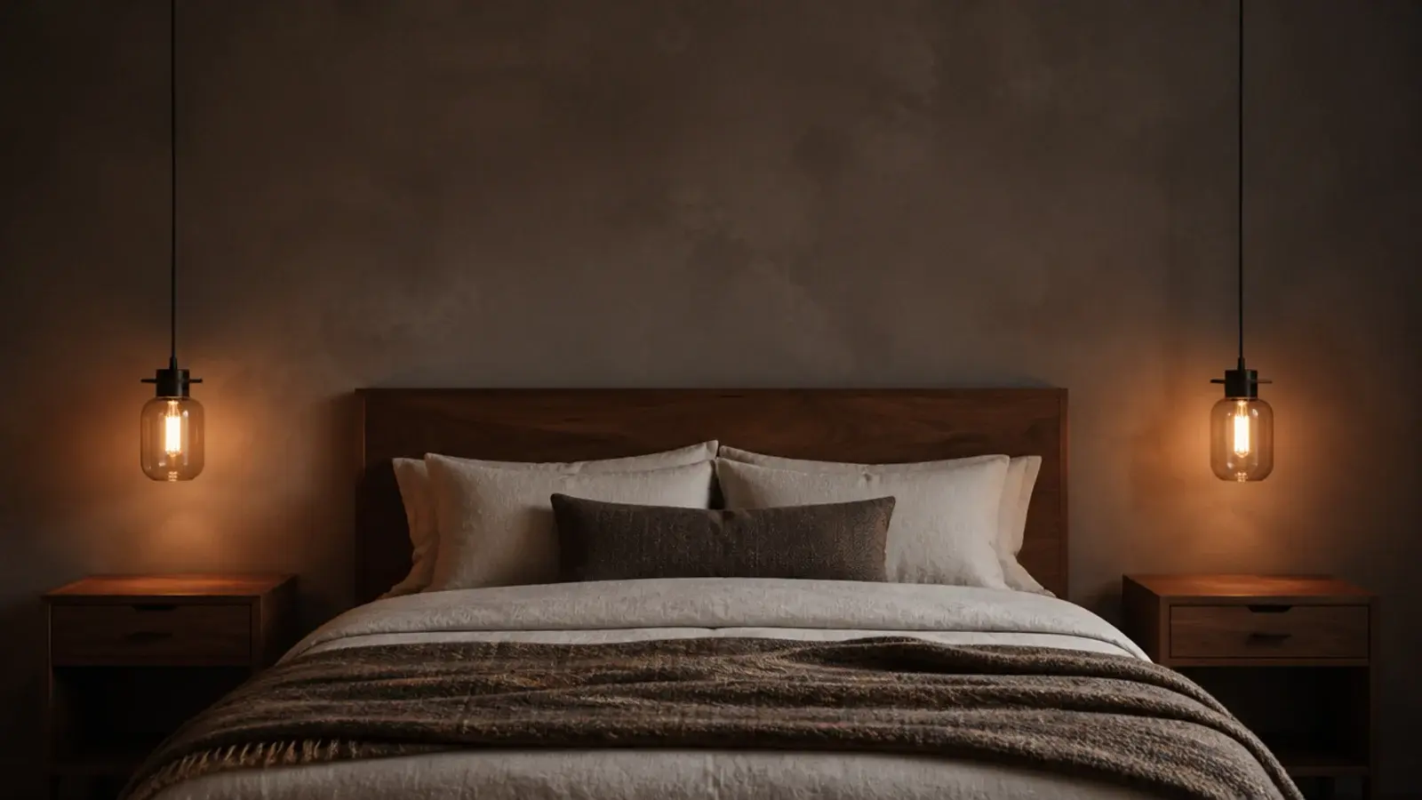 tall bedroom view of hanging bedside lights over clear nightstands
