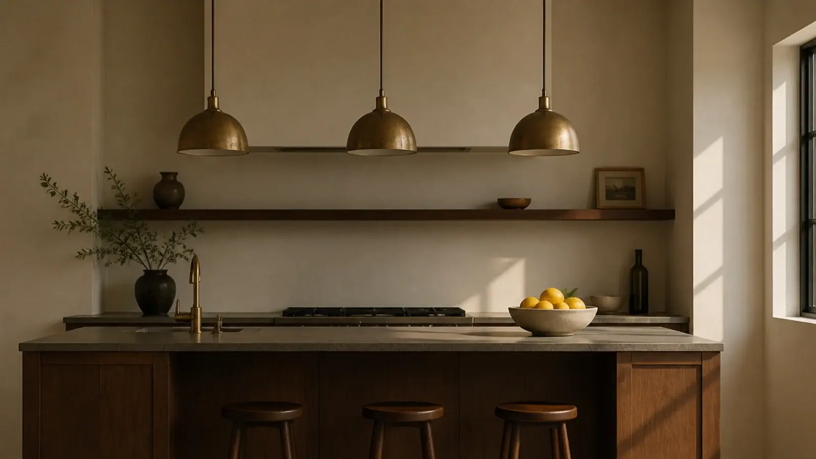 three brass hanging lights in a row above a walnut kitchen island