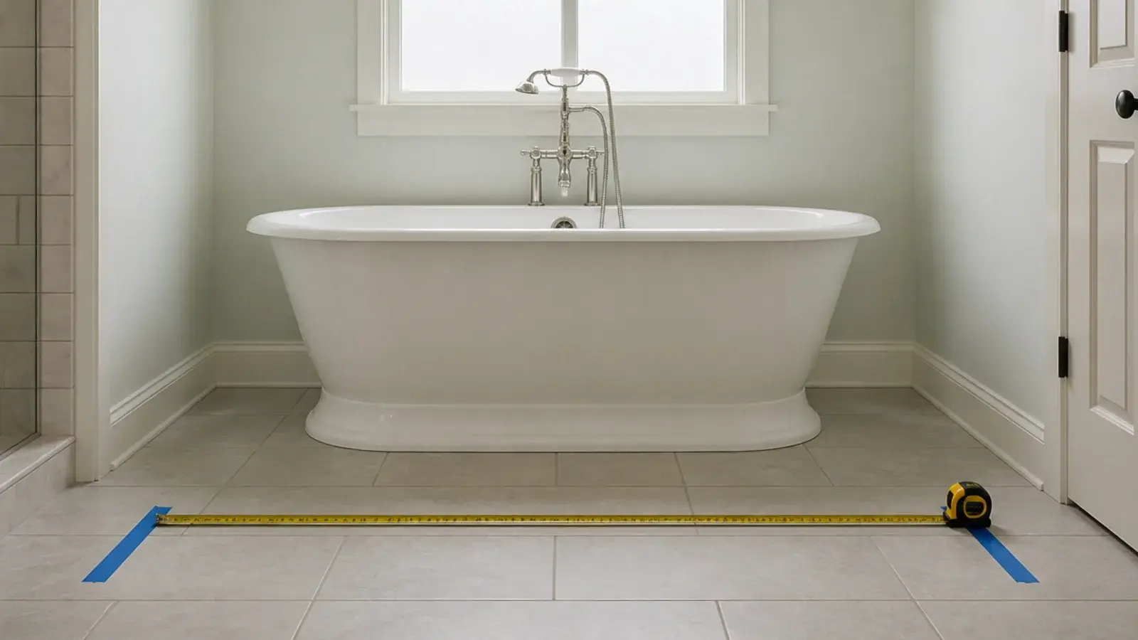 tape measure running horizontally from a bath rim across tiles