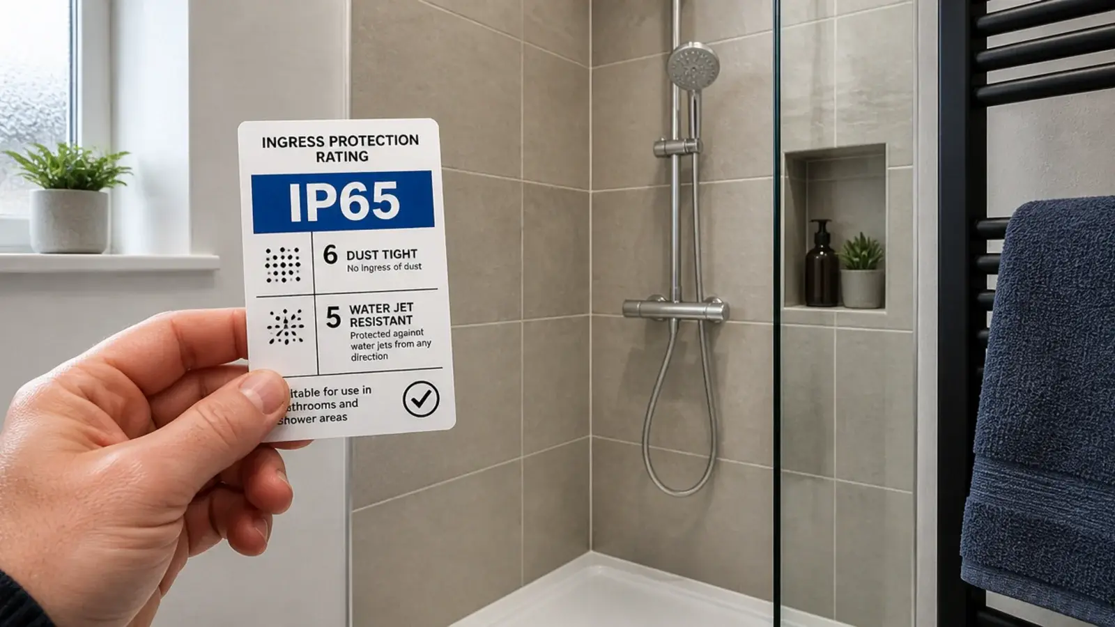 fixture rating label held up beside a tiled shower enclosure
