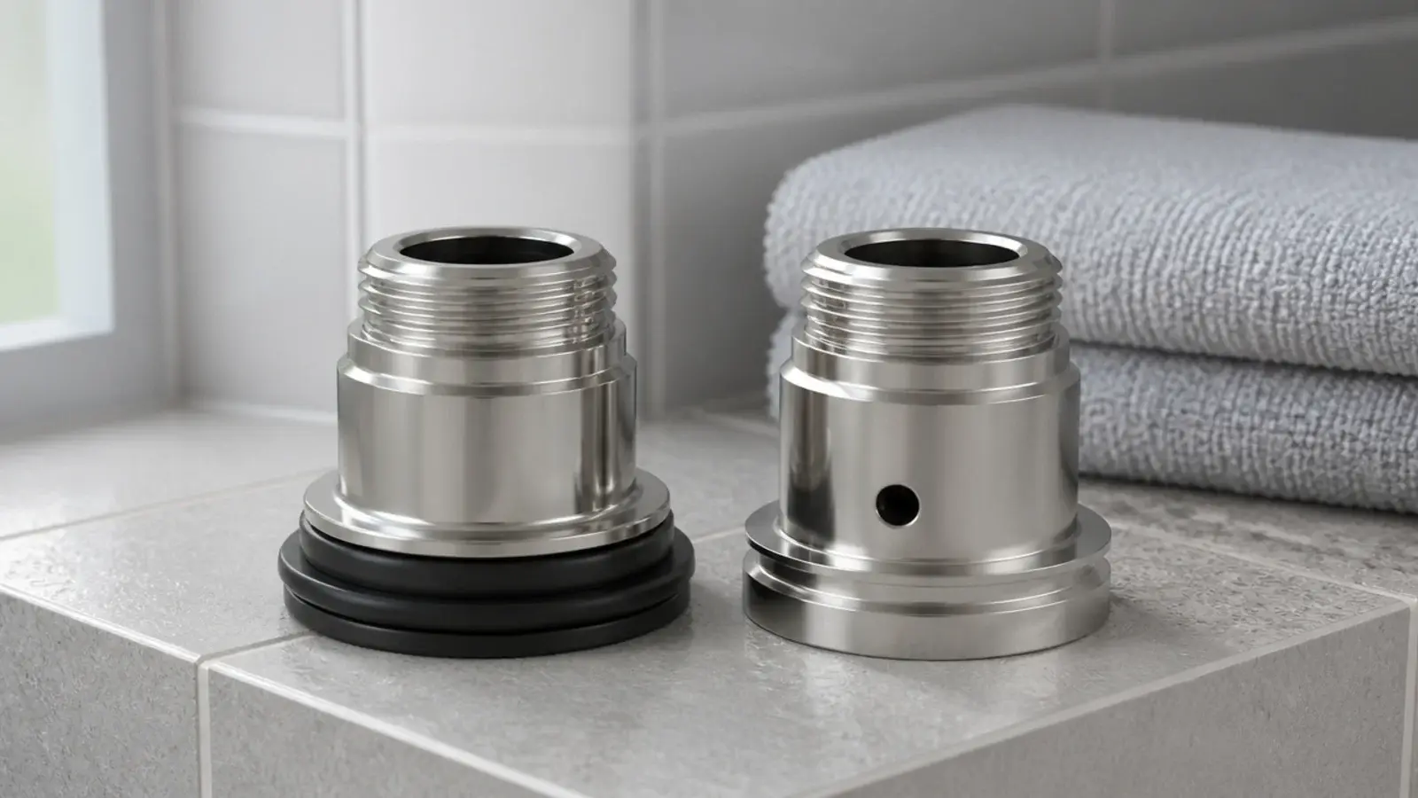 two bathroom fittings compared side by side on a tiled shelf