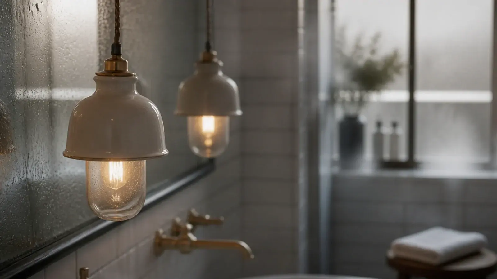 glazed ceramic and sealed glass shades in a steamy bathroom