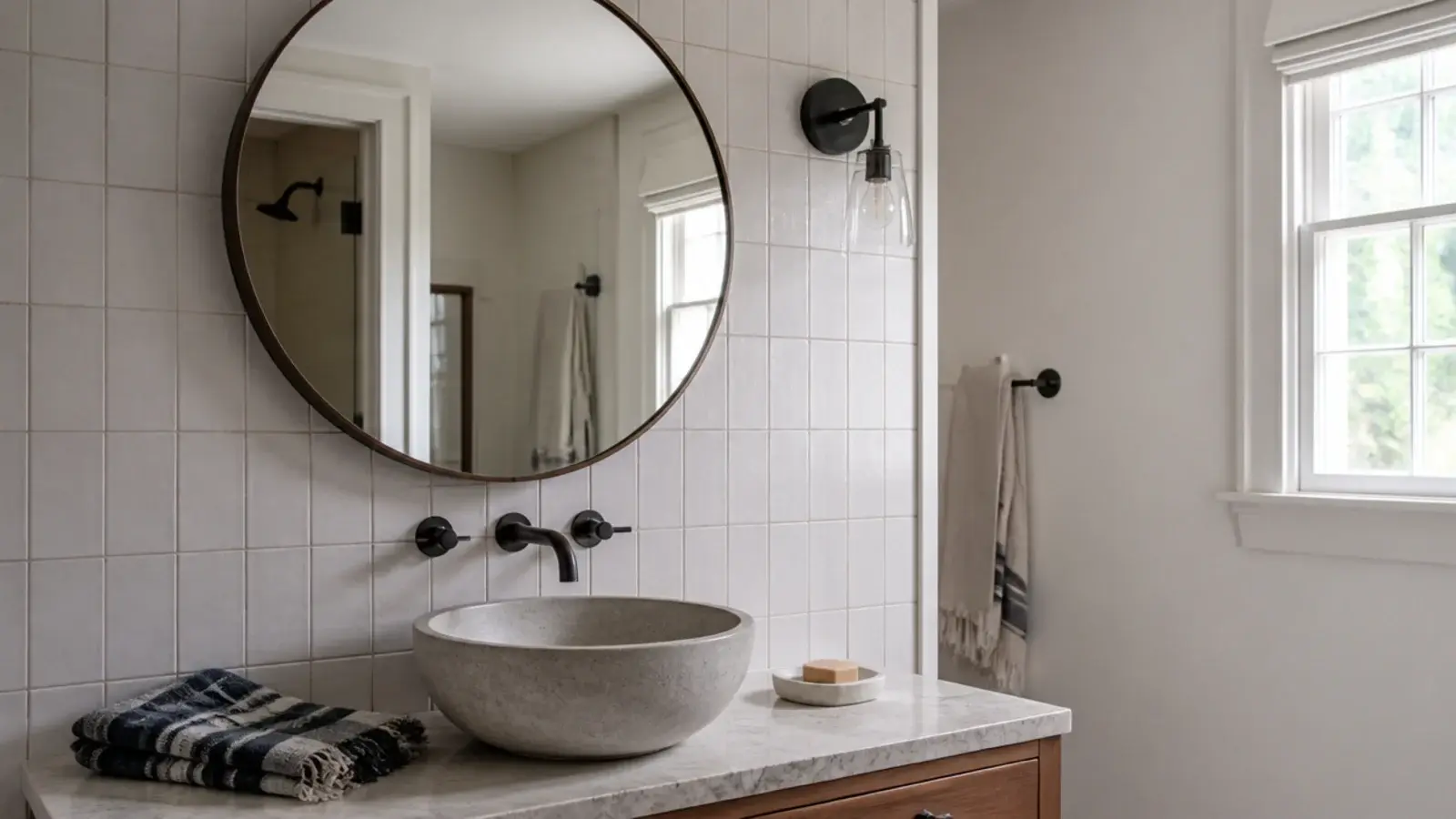 accurate warm light falling across a face height bathroom mirror