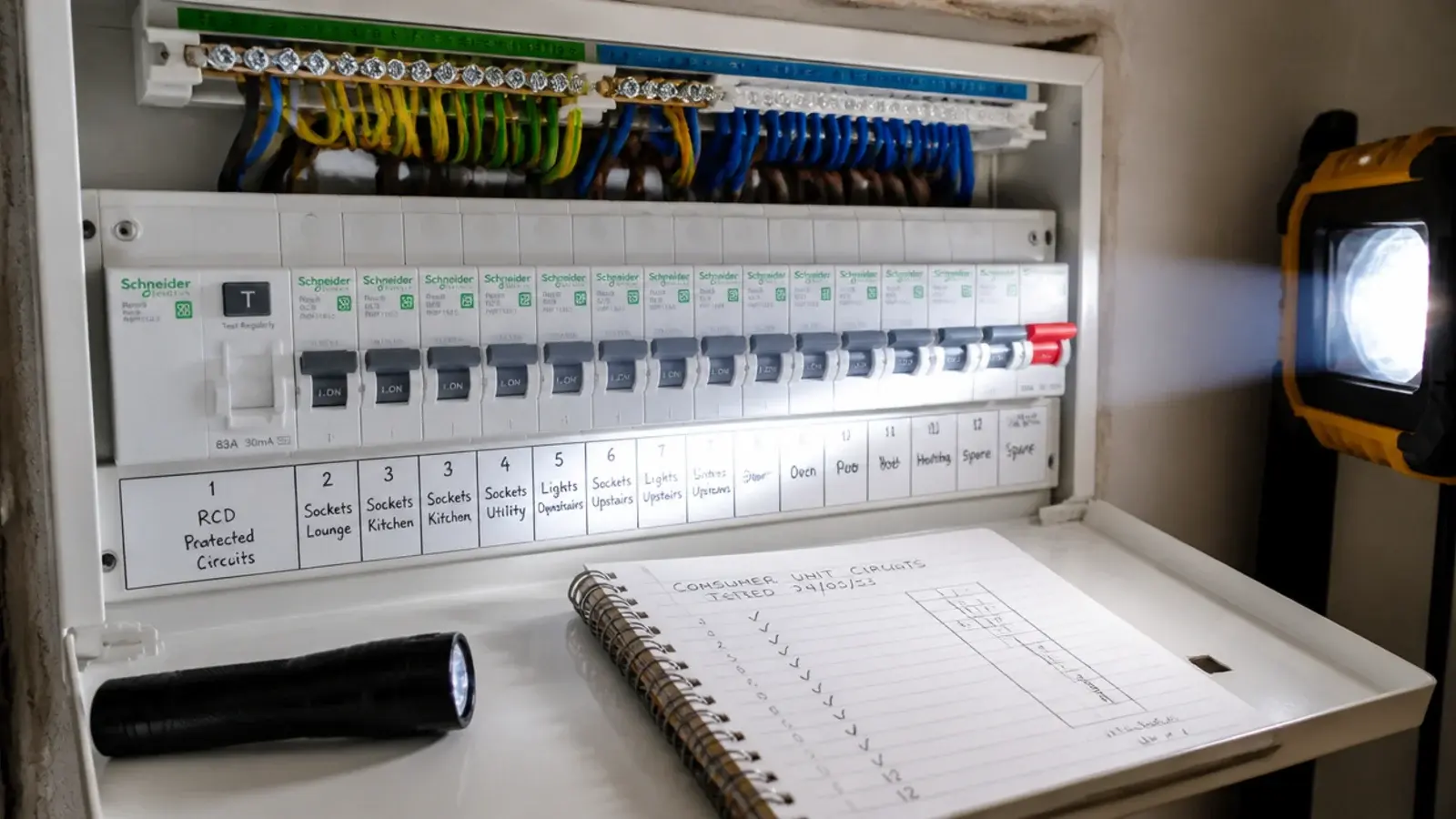 consumer unit inspected with a bathroom circuit clearly labelled