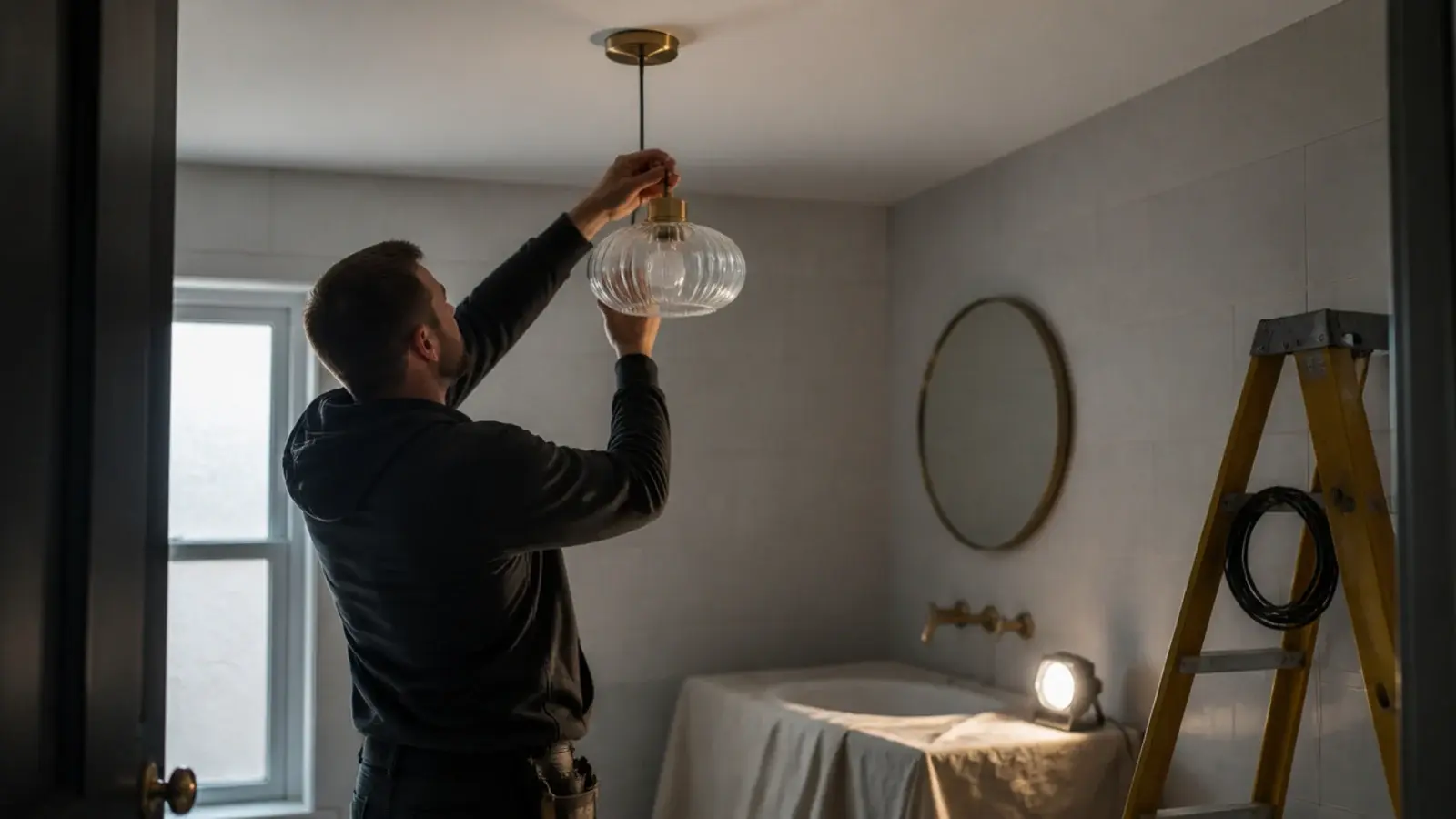 sealed pendant being lifted into place on a bathroom ceiling