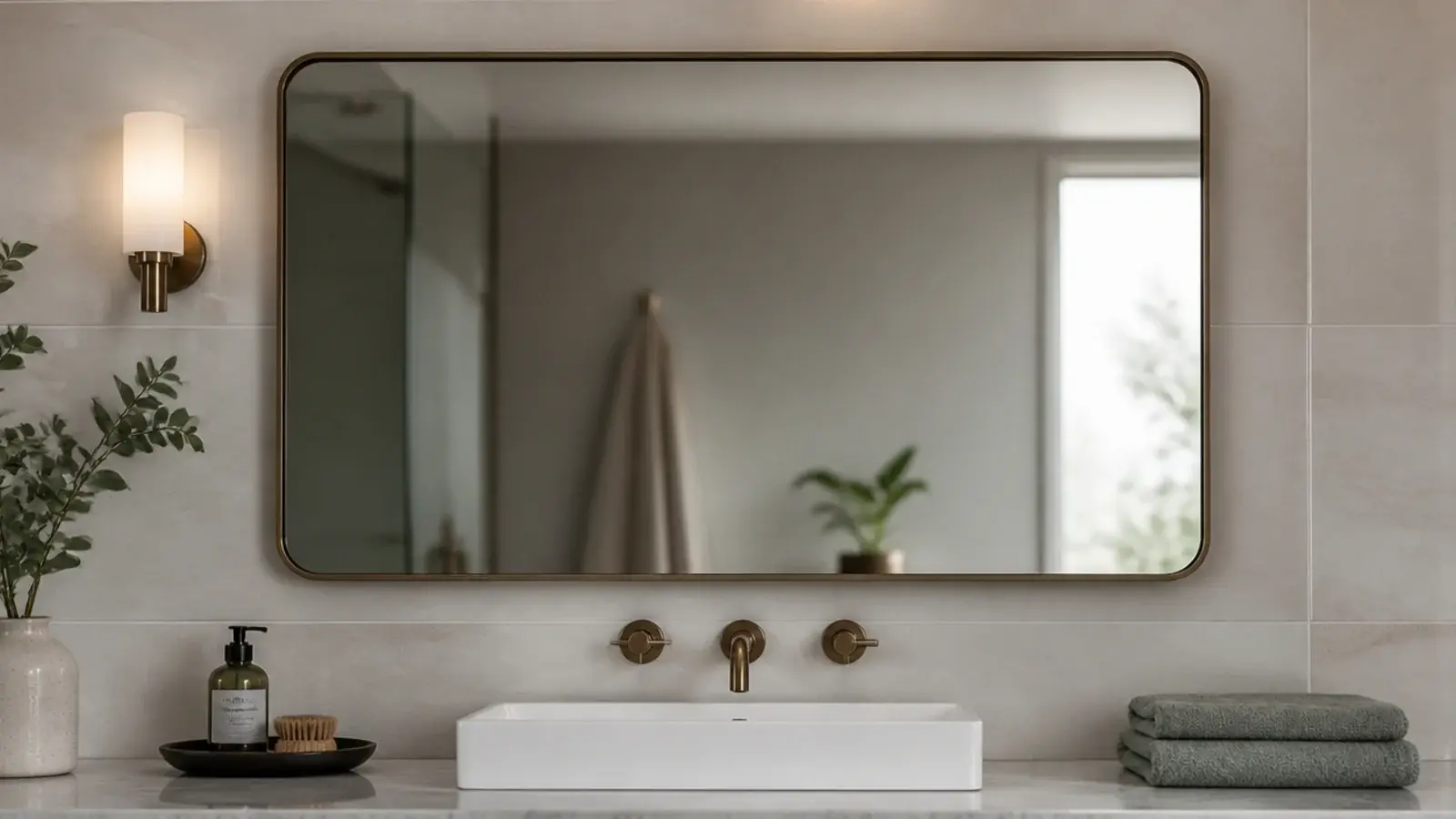 bathroom mirror checked for glare from the new hanging fitting