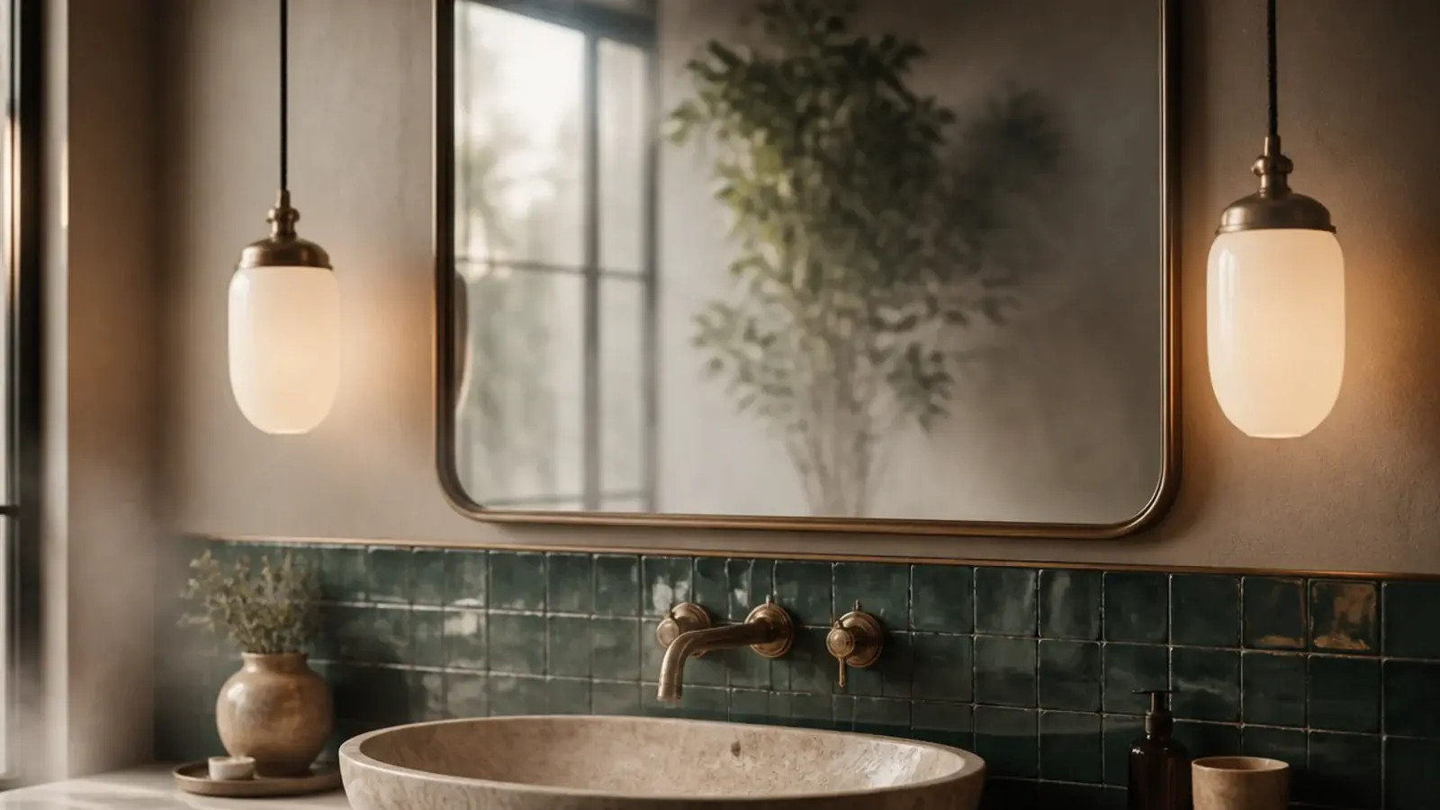 sealed hanging lights glowing safely beside a tiled bathroom mirror