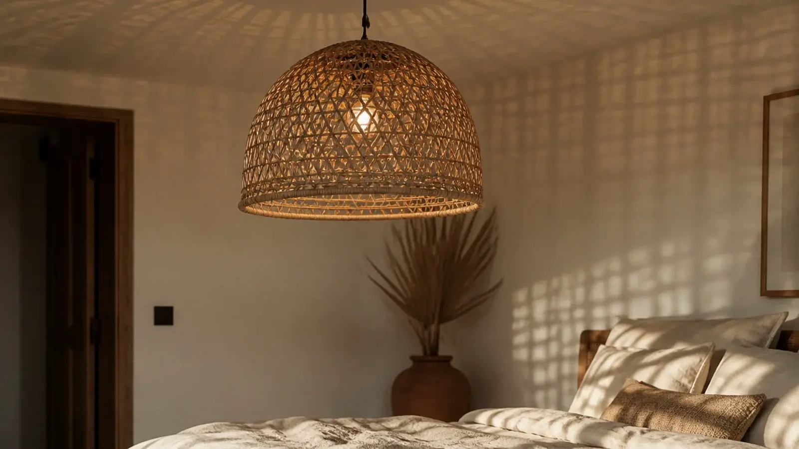 rattan dome pendant throwing woven shadow across a bedroom ceiling