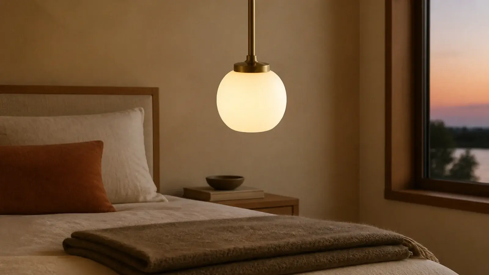 frosted opal pendant glowing evenly above a made bedroom bed