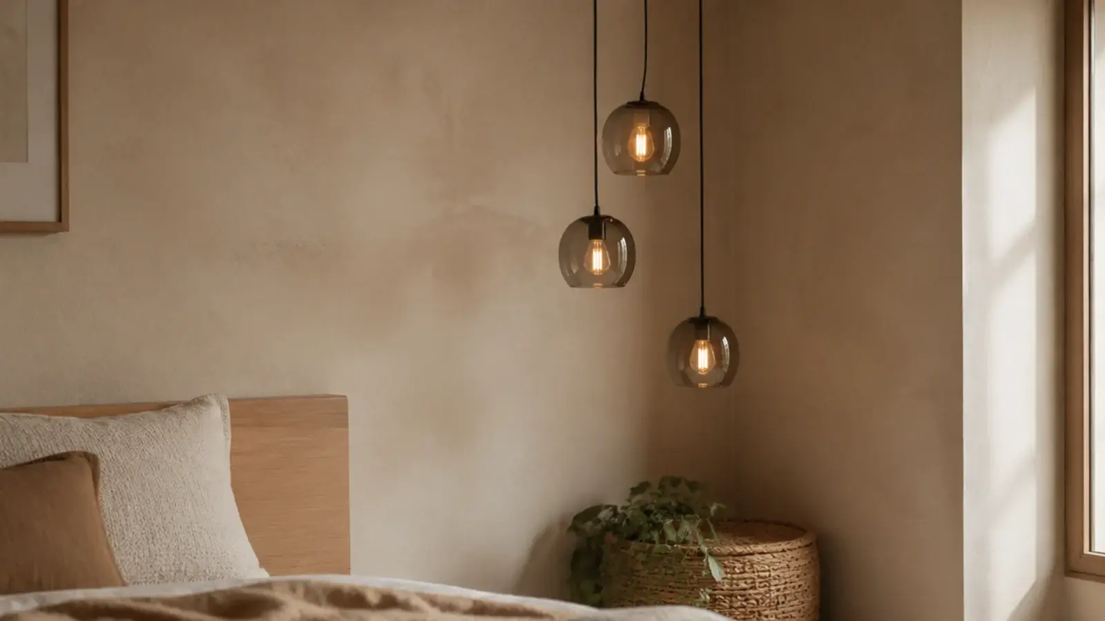 three staggered pendants filling a bare corner of a bedroom