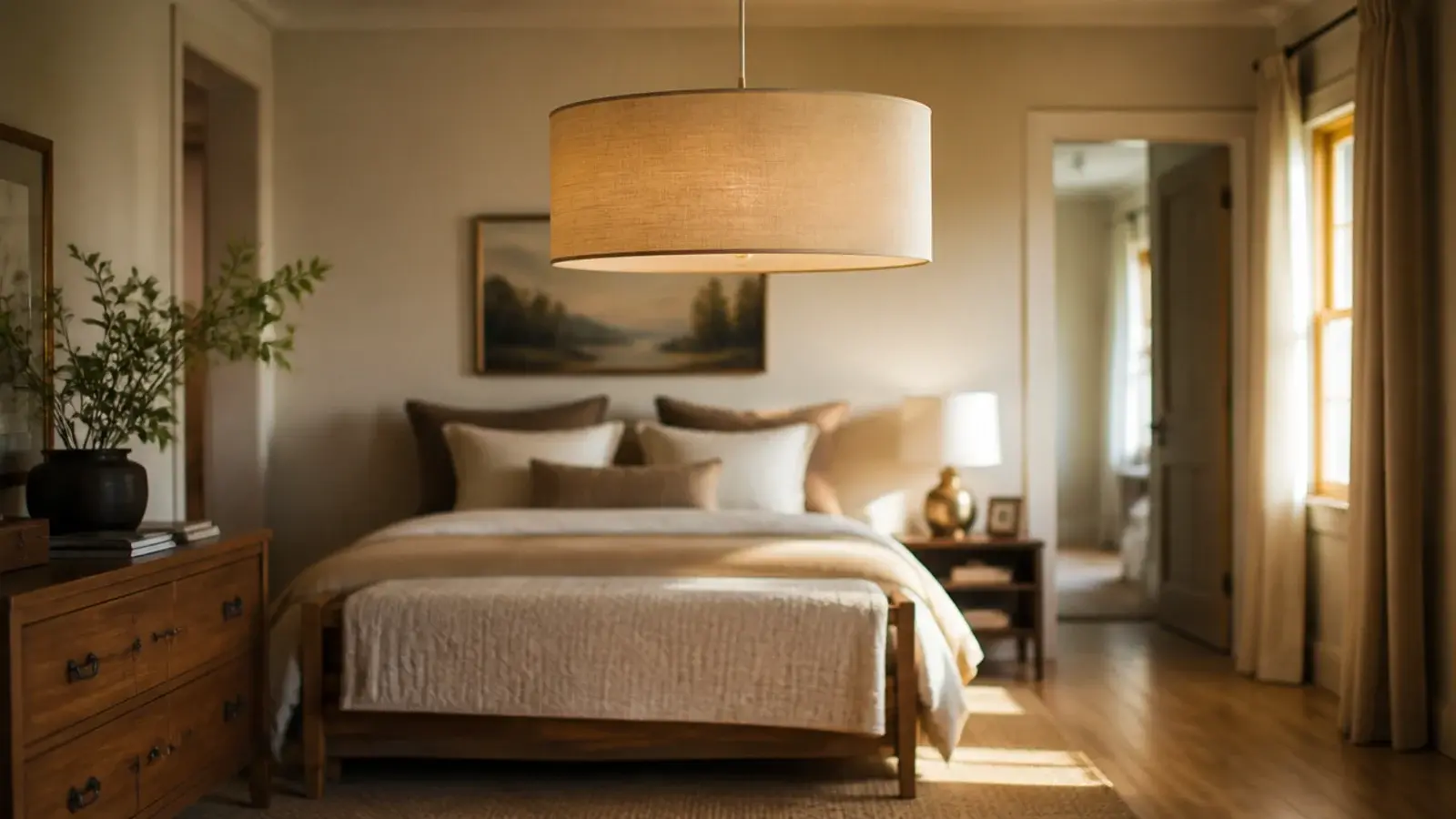 wide fabric drum shade hanging above the end of a bed