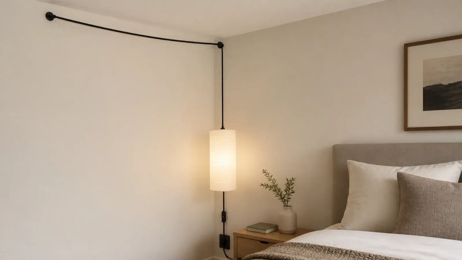 swag cord running from ceiling hook to a rented bedroom socket
