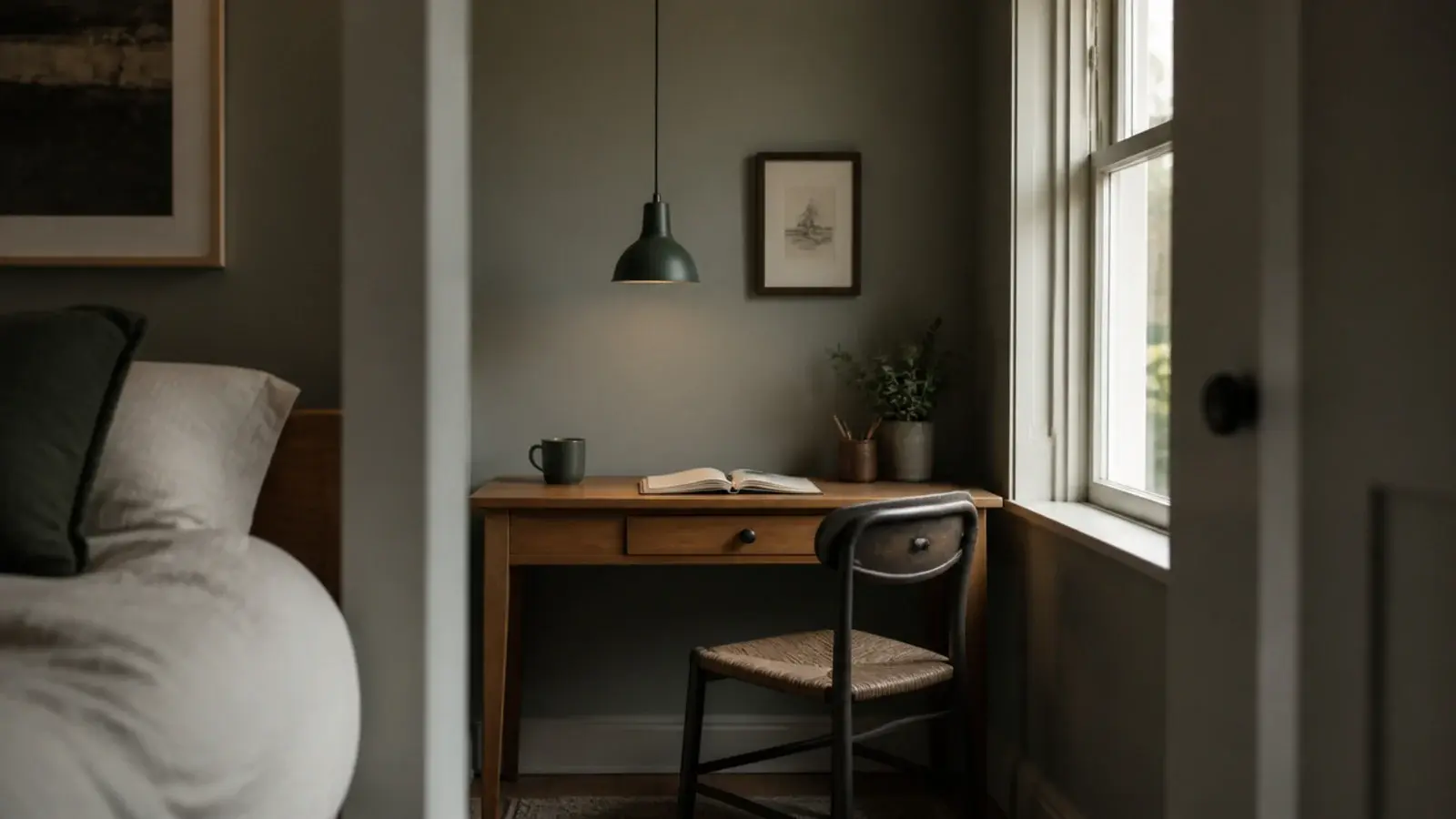 small pendant dropped low over a compact bedroom writing desk