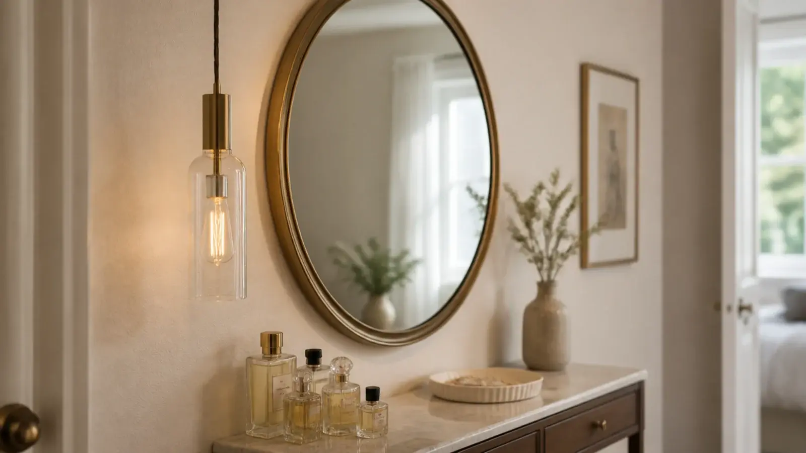 slim pendant hanging beside a round bedroom vanity mirror