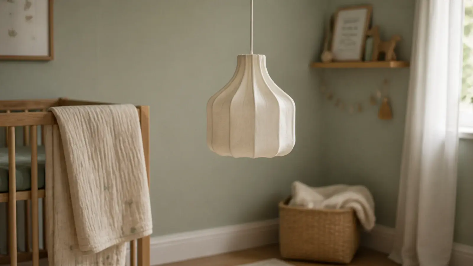 soft fabric pendant hanging clear of a cot in a nursery