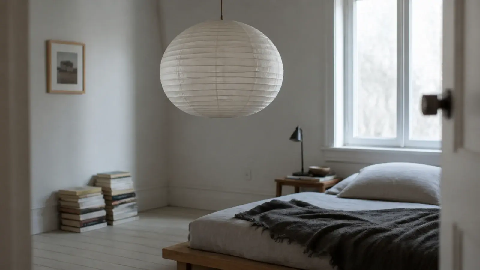 ribbed paper lantern hanging in a plainly furnished bedroom